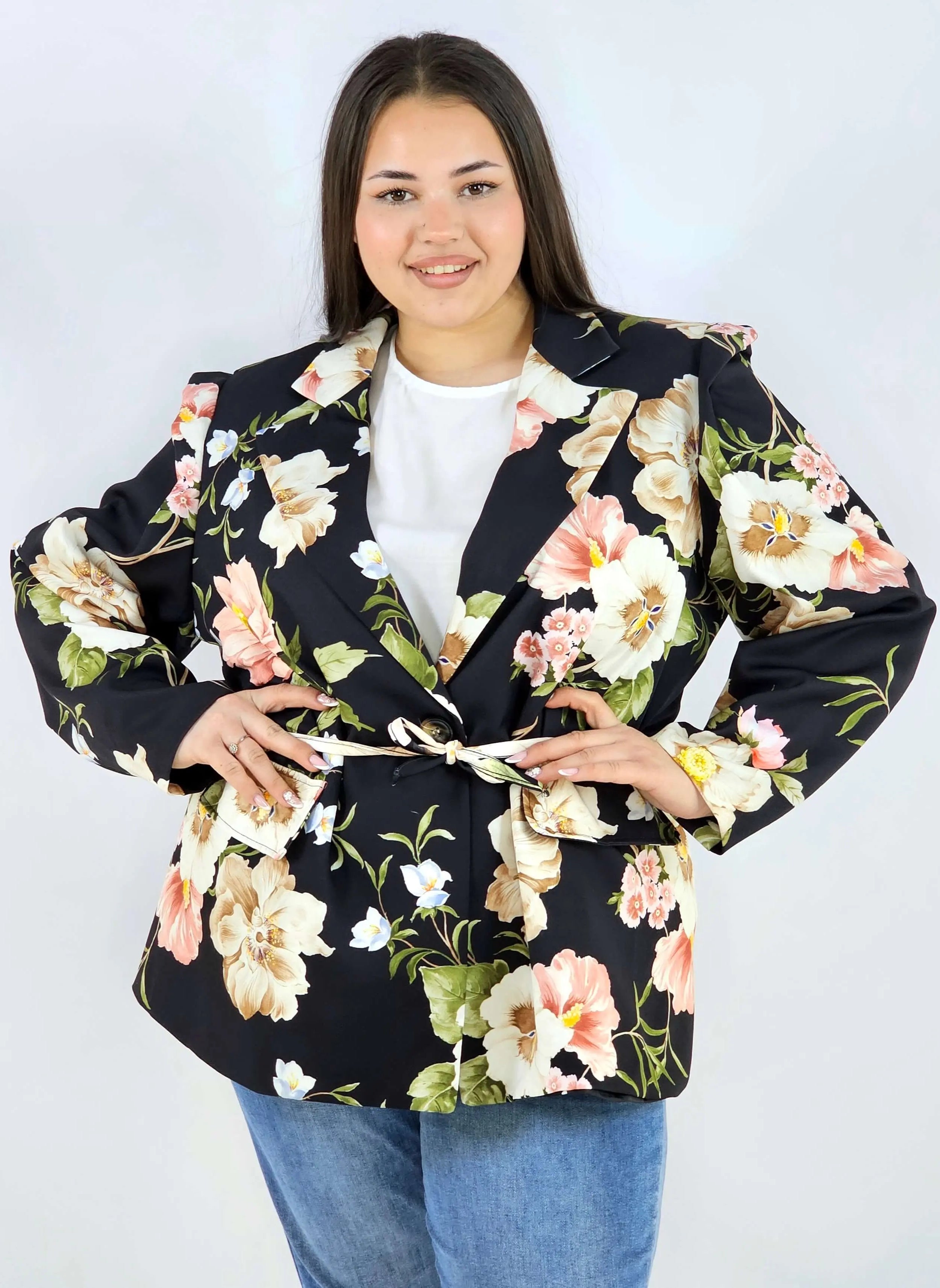 Marynarka plus size w kwiaty wiązana w talii elegancka XXL Stylowa XL