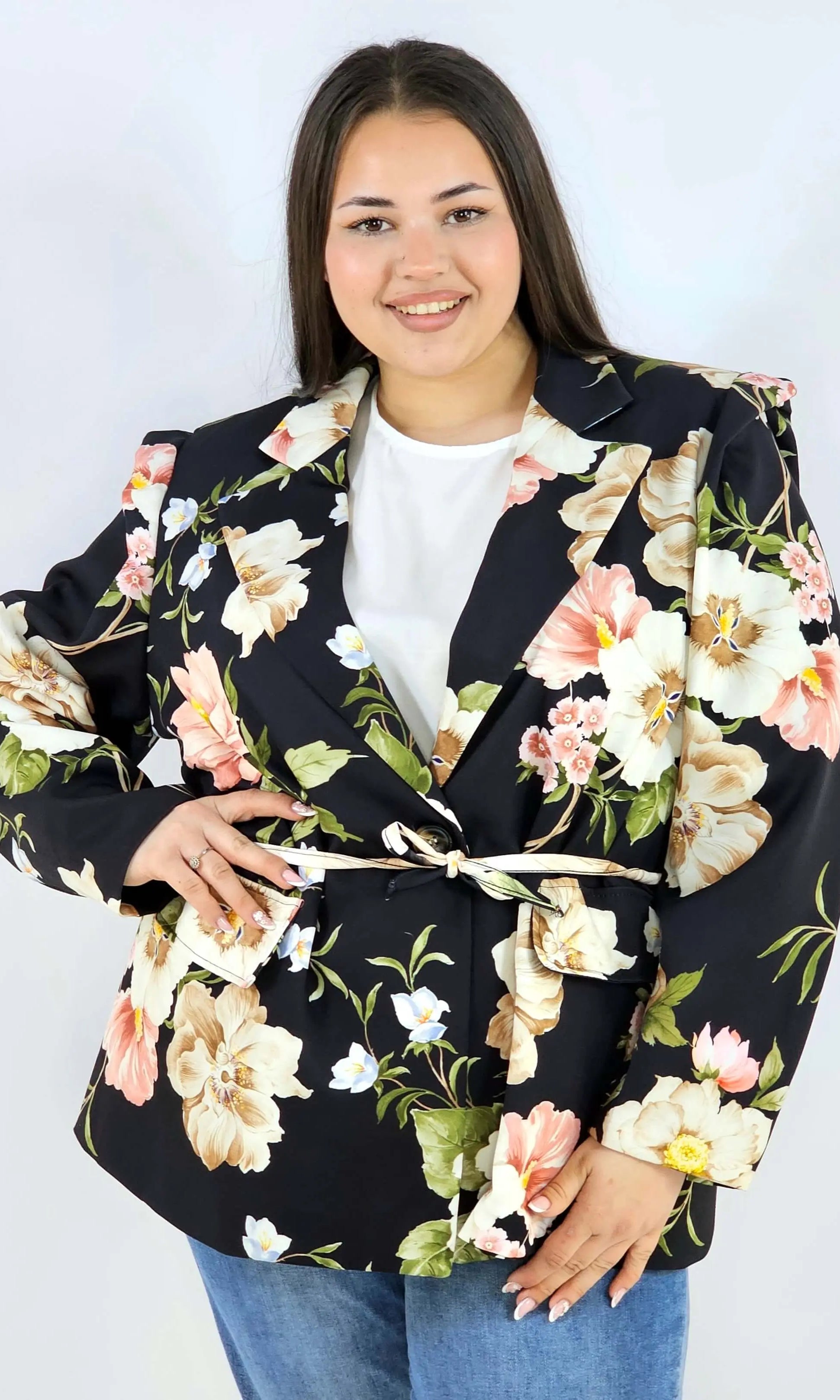 Marynarka plus size w kwiaty wiązana w talii elegancka XXL Stylowa XL