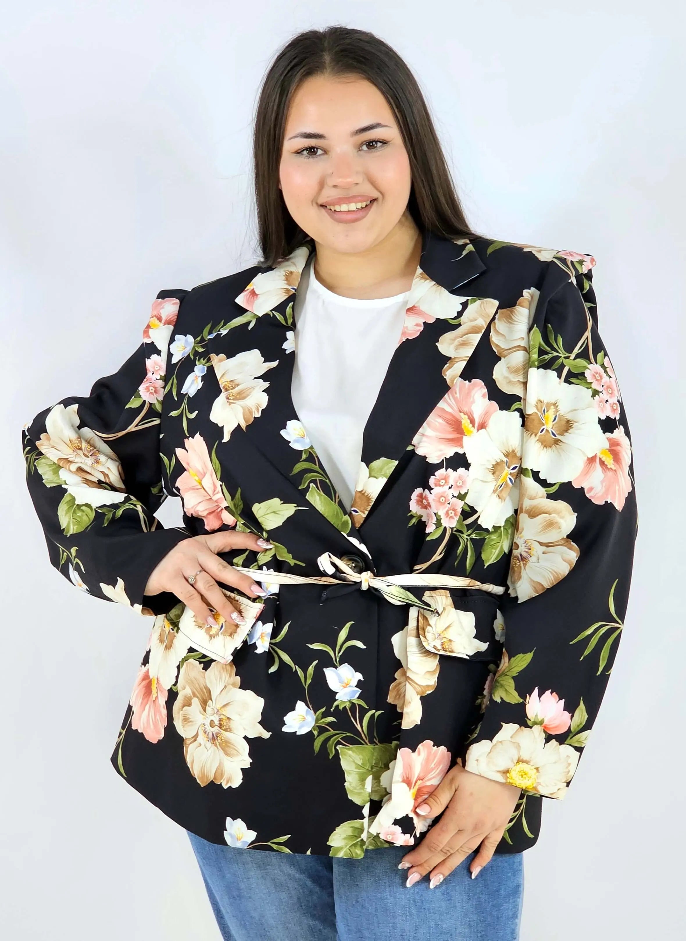 Marynarka plus size w kwiaty wiązana w talii elegancka XXL Stylowa XL