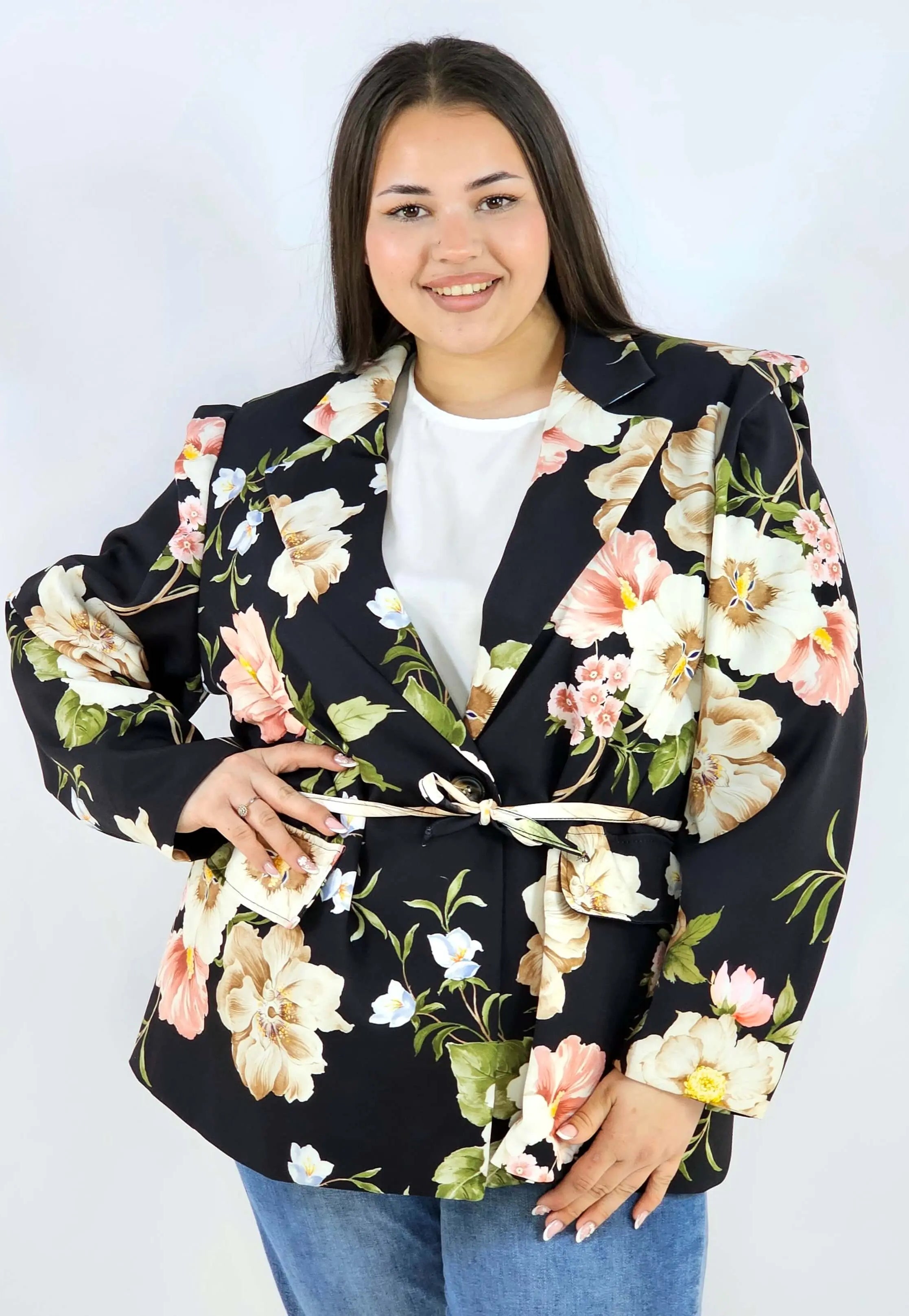 Marynarka plus size w kwiaty wiązana w talii elegancka XXL Stylowa XL