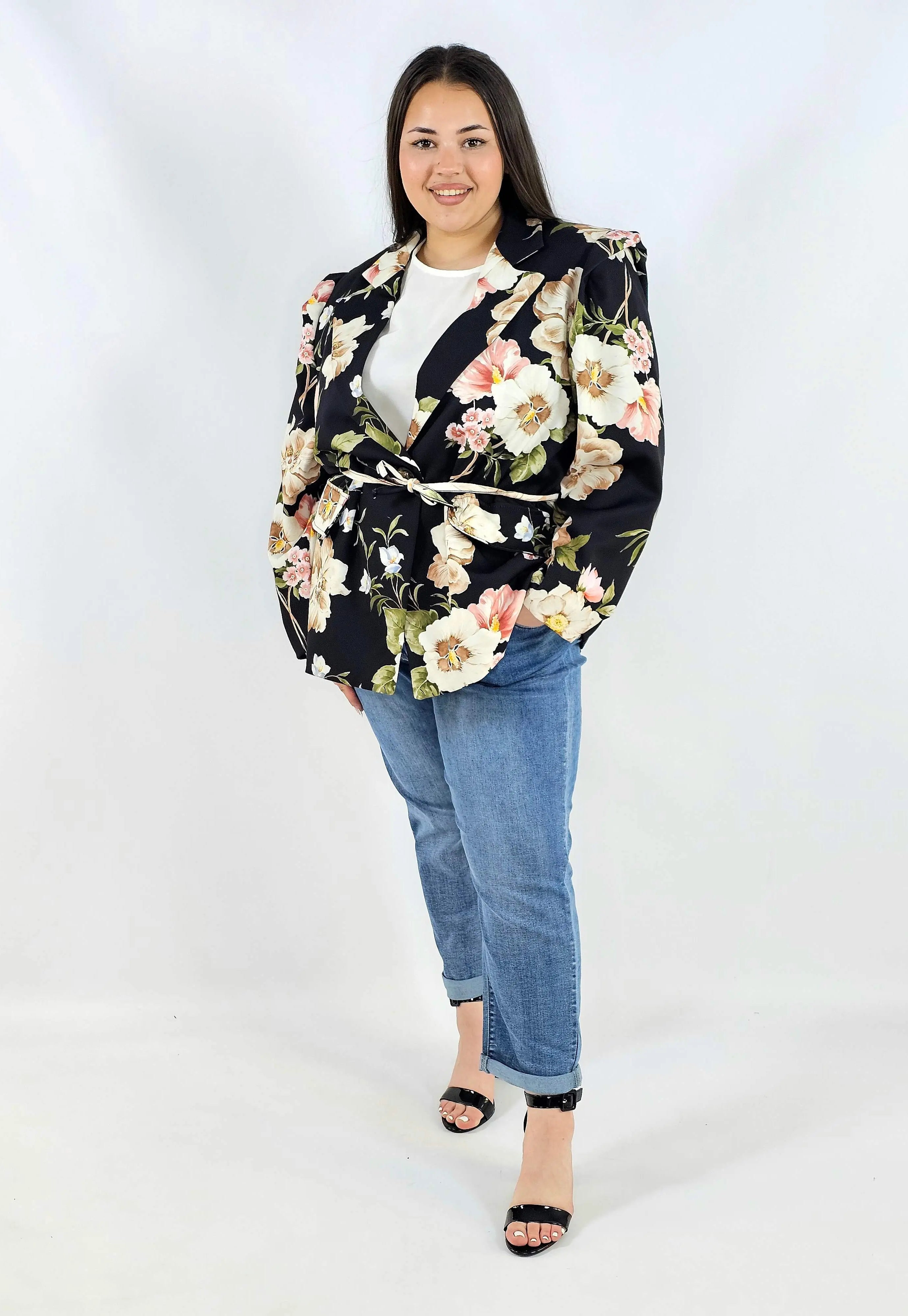 Marynarka plus size w kwiaty wiązana w talii elegancka XXL Stylowa XL