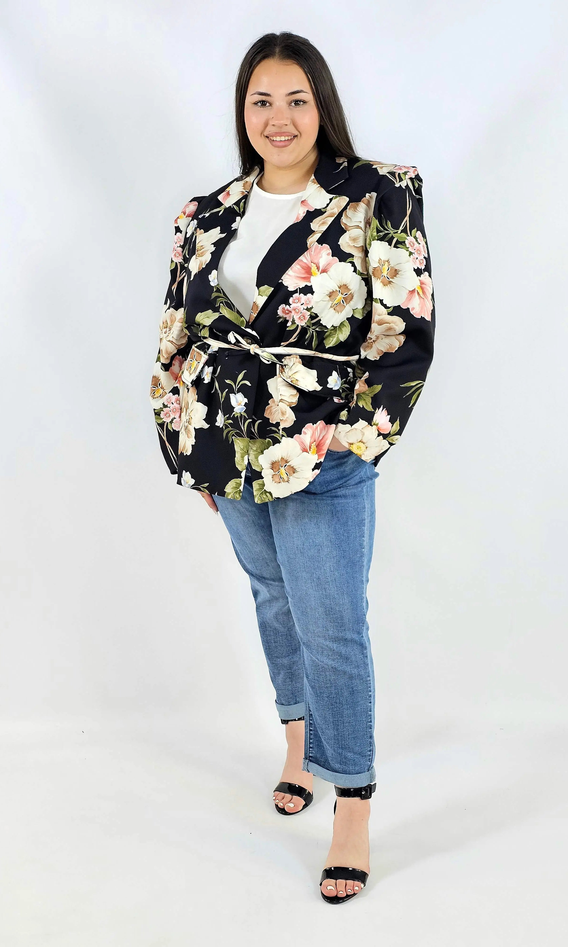 Marynarka plus size w kwiaty wiązana w talii elegancka XXL Stylowa XL