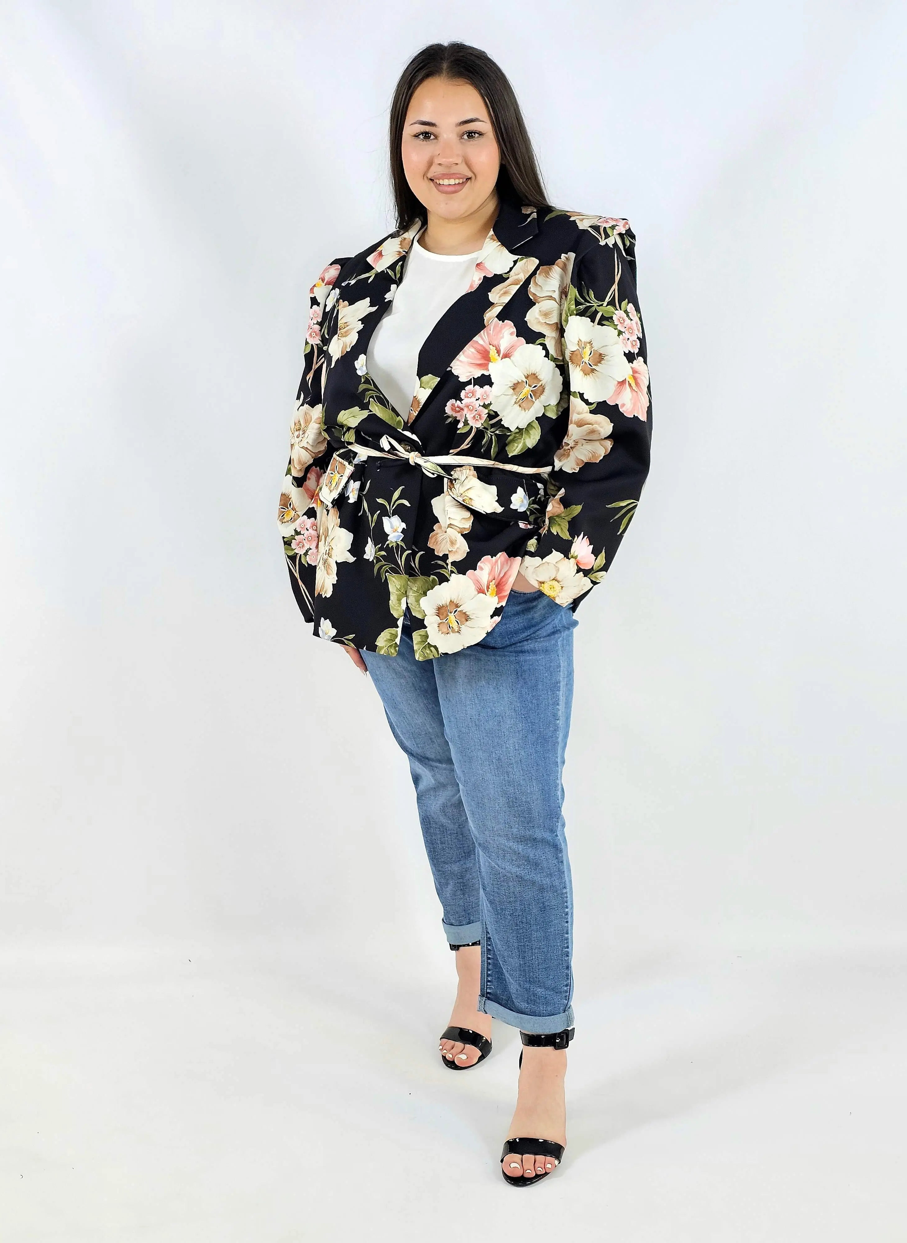 Marynarka plus size w kwiaty wiązana w talii elegancka XXL Stylowa XL