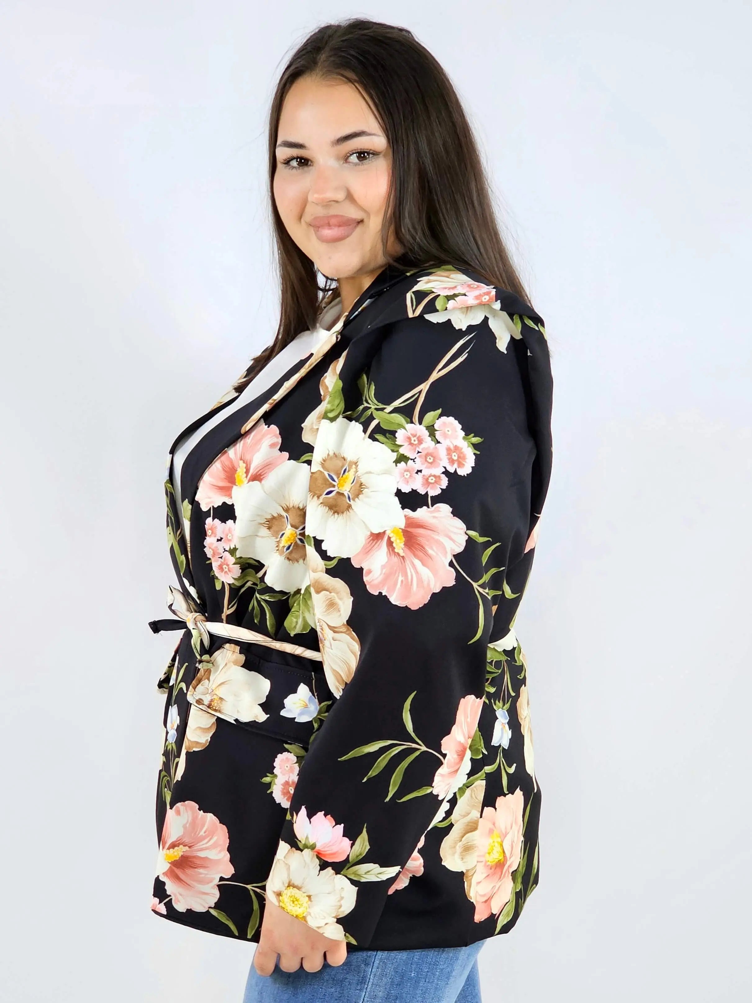 Marynarka plus size w kwiaty wiązana w talii elegancka XXL Stylowa XL