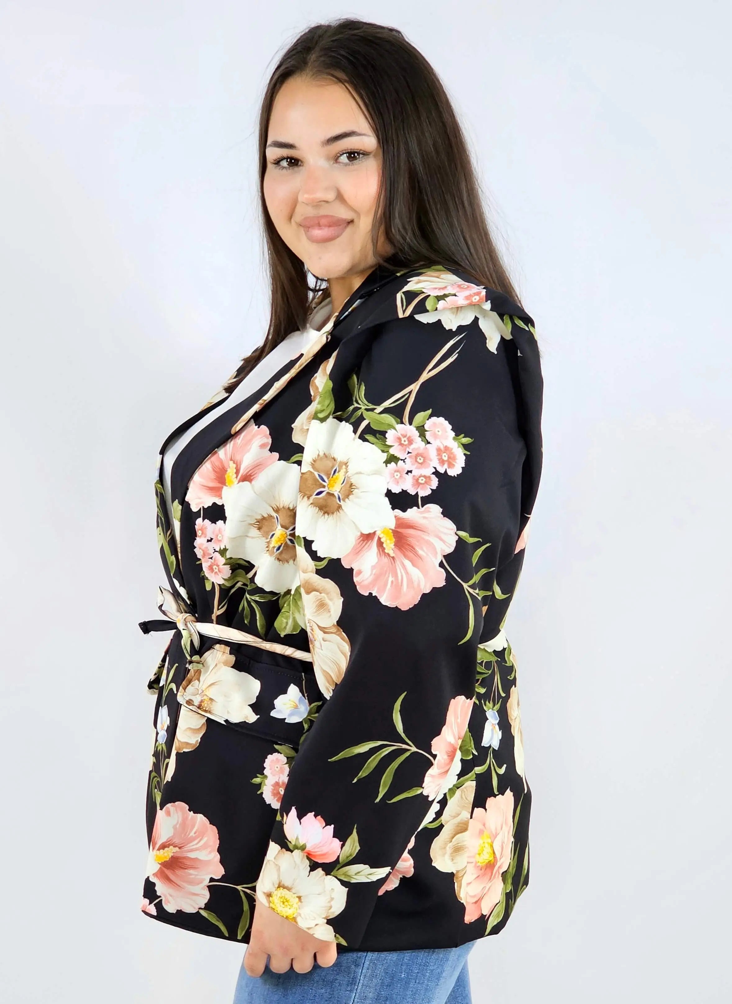 Marynarka plus size w kwiaty wiązana w talii elegancka XXL Stylowa XL