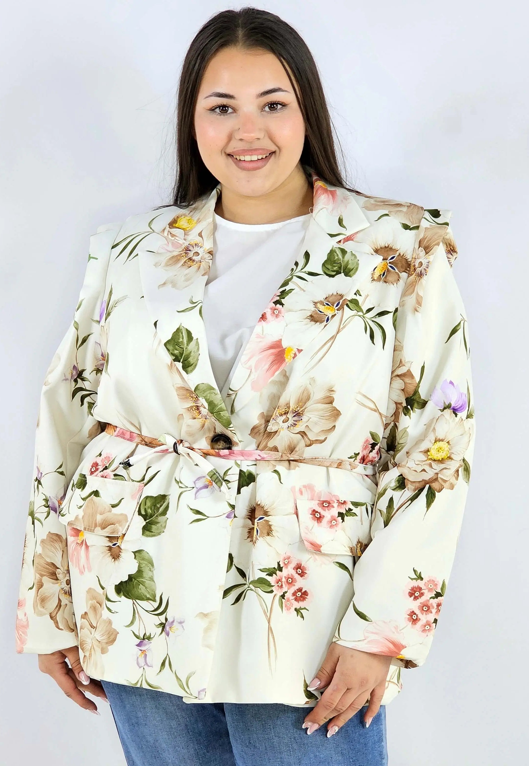 Marynarka plus size w kwiaty wiązana w talii elegancka XXL Stylowa XL