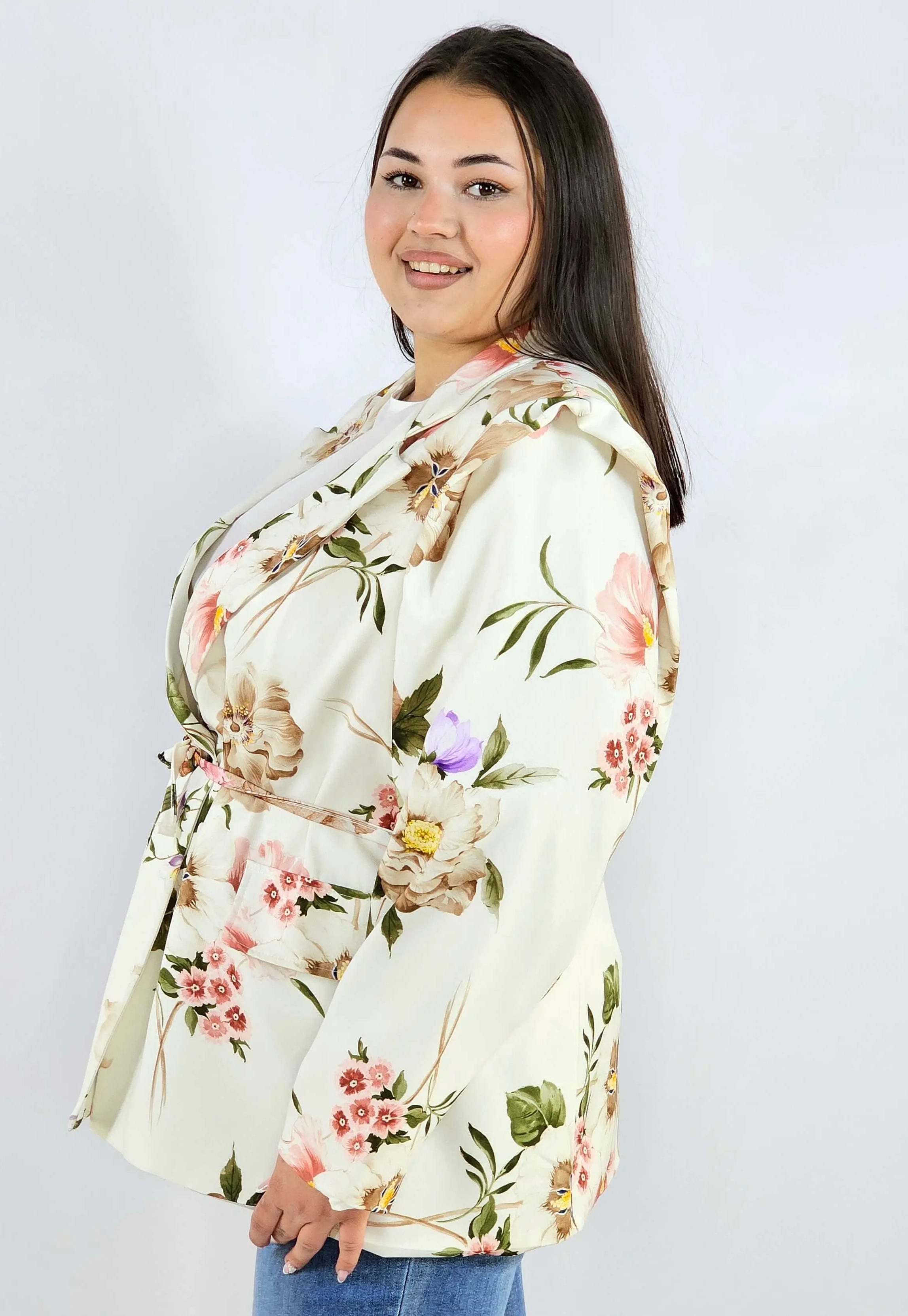 Marynarka plus size w kwiaty wiązana w talii elegancka XXL Stylowa XL