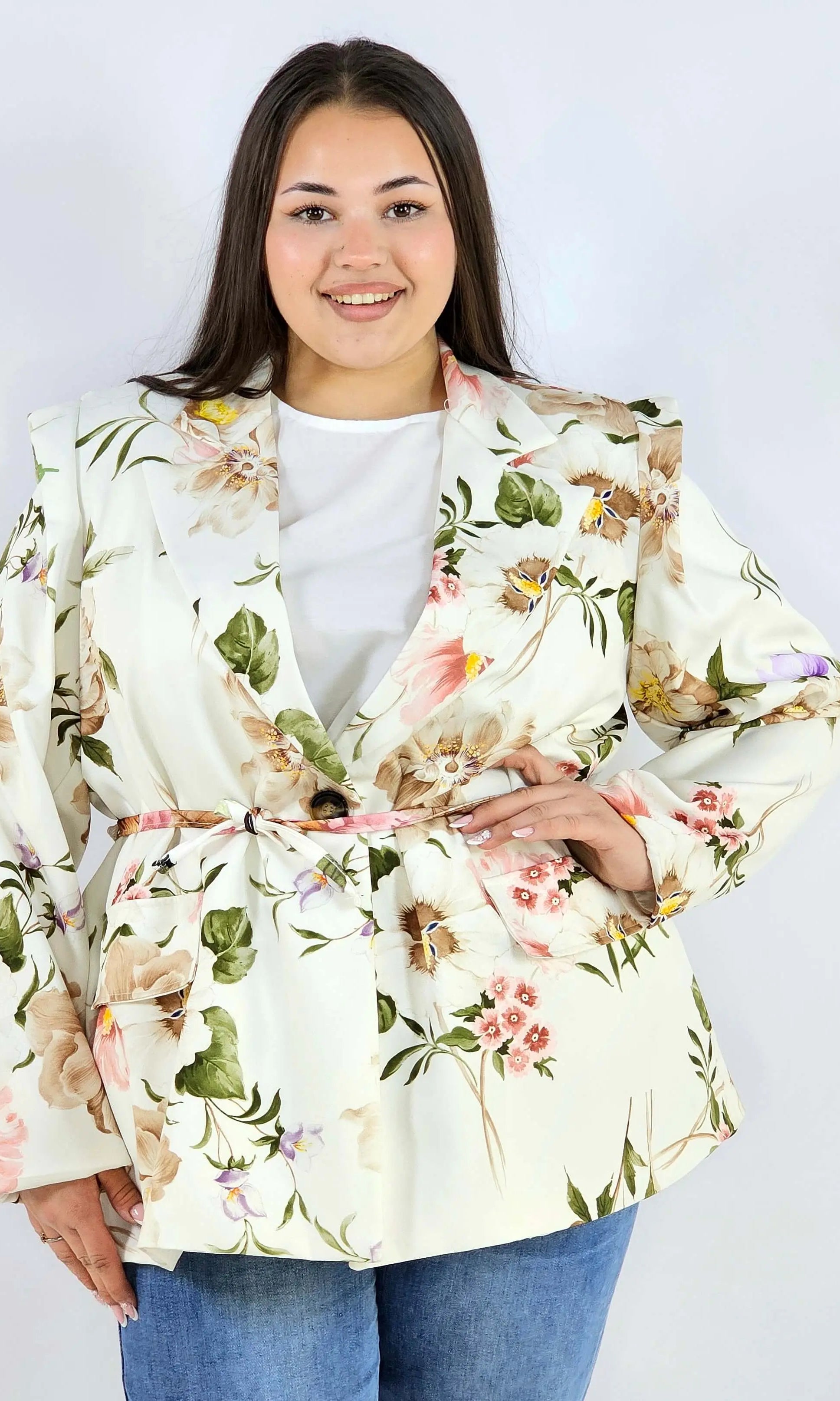Marynarka plus size w kwiaty wiązana w talii elegancka XXL Stylowa XL