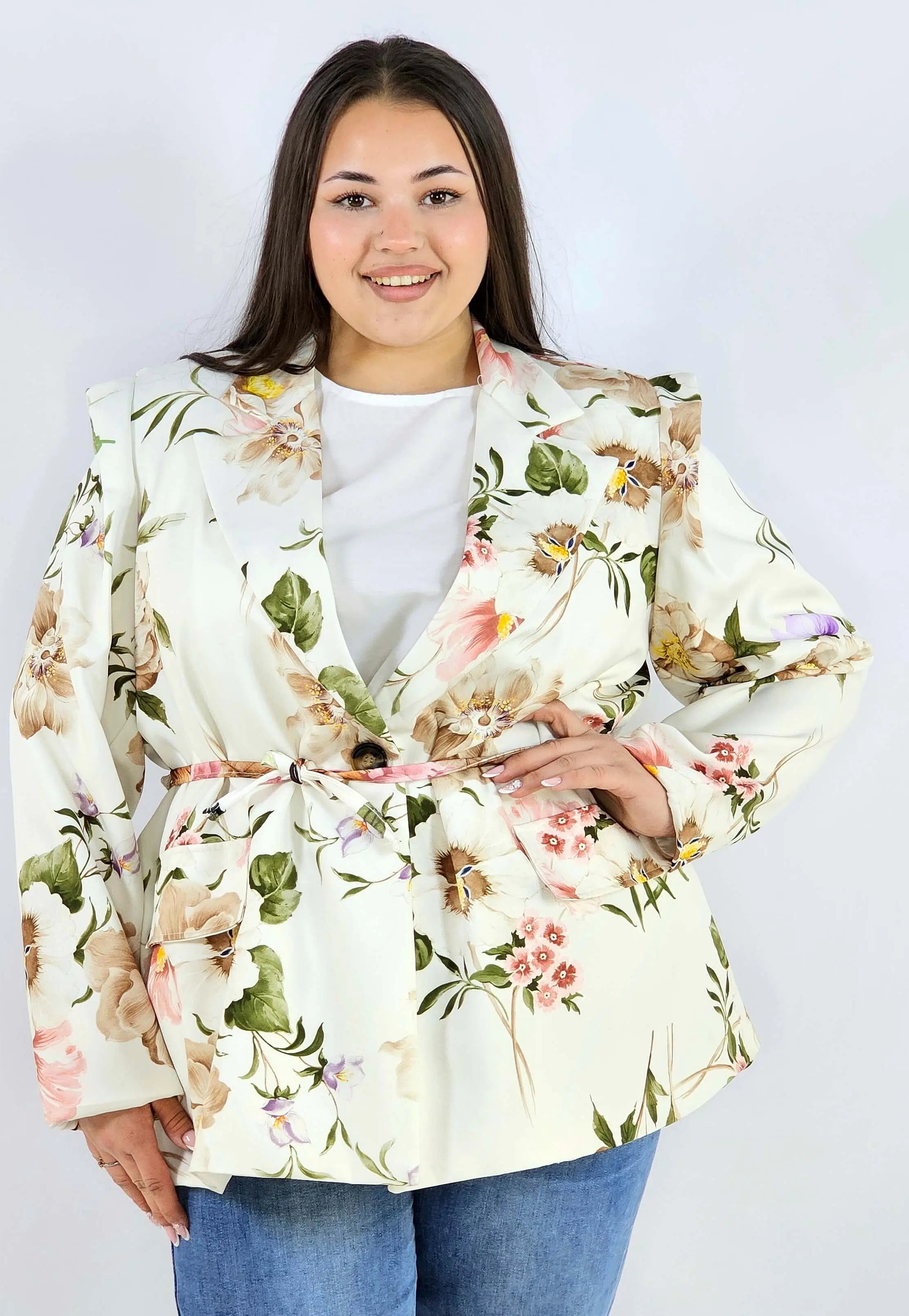 Marynarka plus size w kwiaty wiązana w talii elegancka XXL Stylowa XL