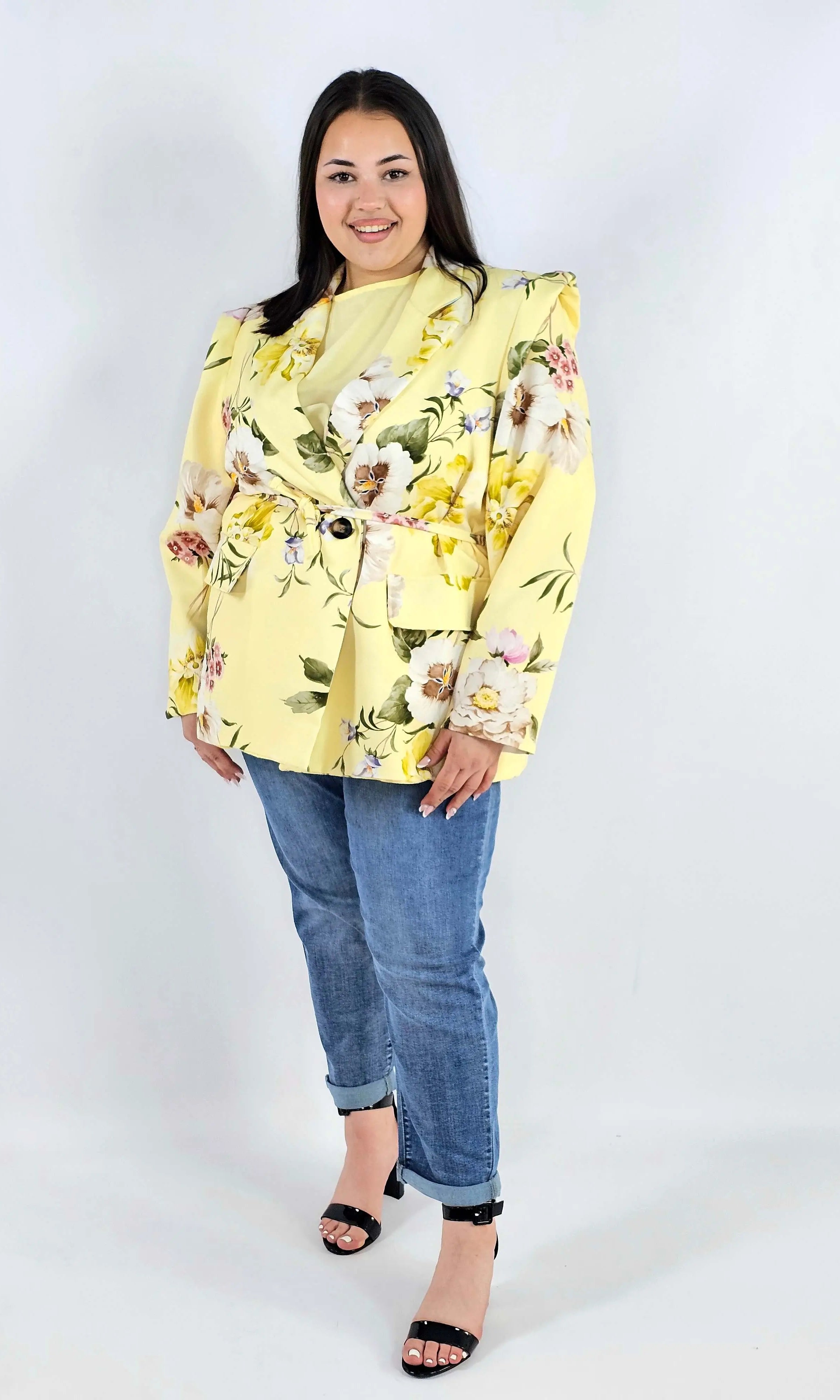 Marynarka plus size w kwiaty wiązana w talii elegancka XXL Stylowa XL