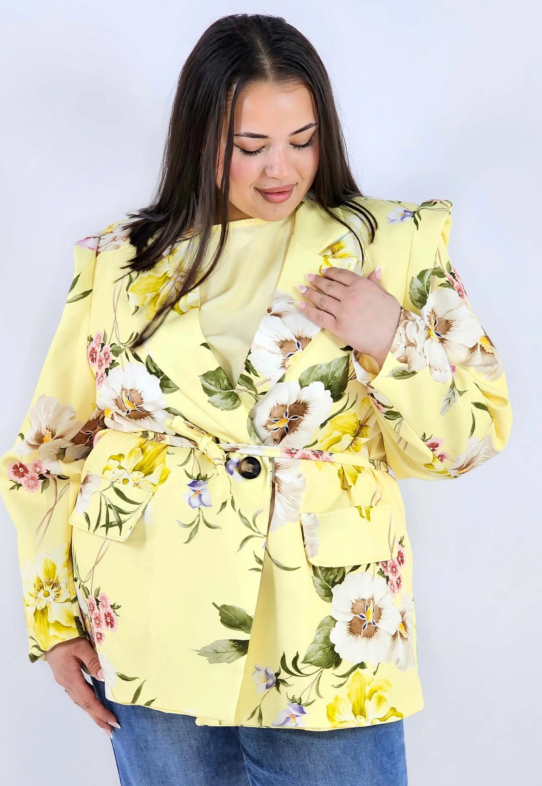 Marynarka plus size w kwiaty wiązana w talii elegancka XXL Stylowa XL