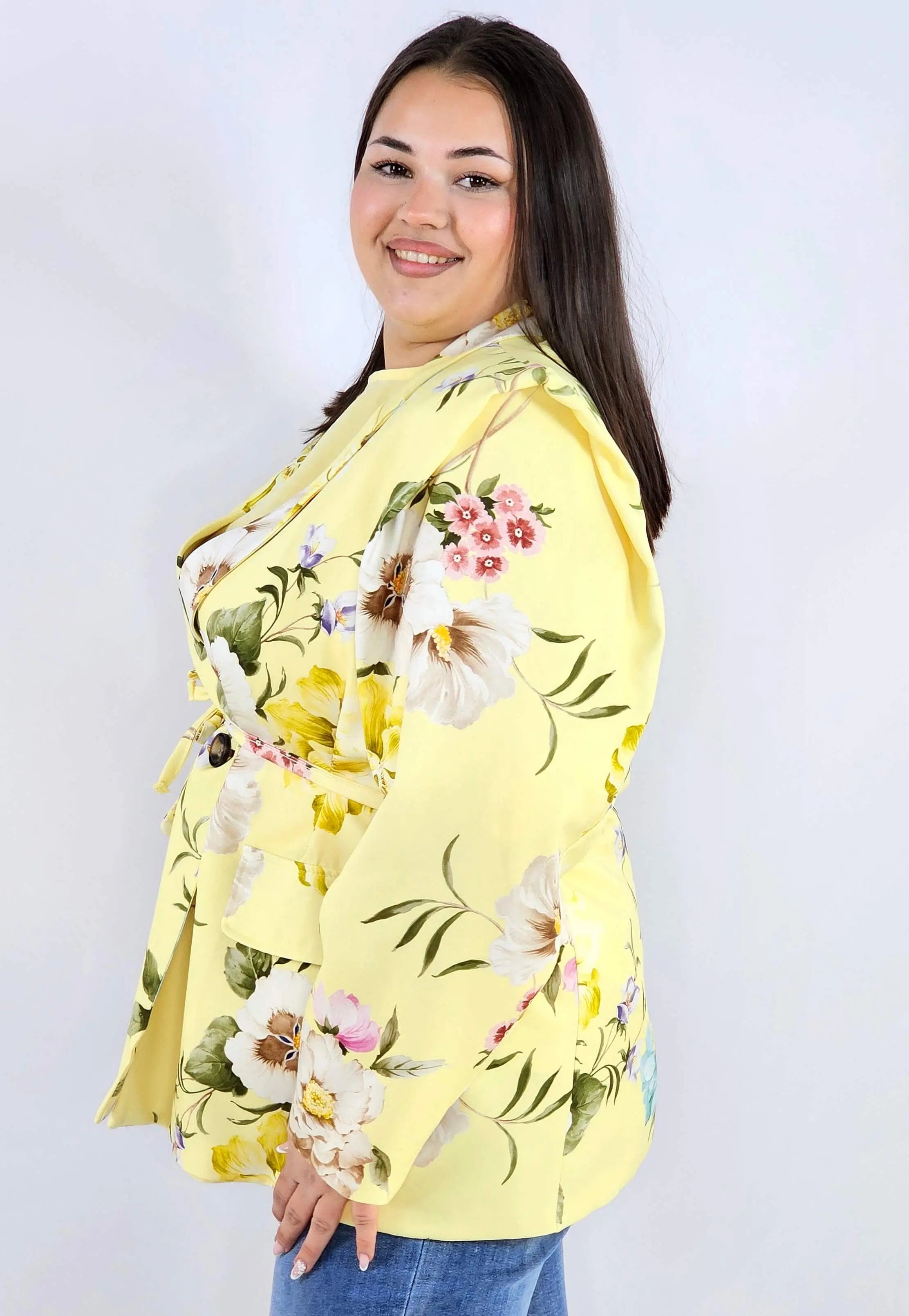 Marynarka plus size w kwiaty wiązana w talii elegancka XXL Stylowa XL