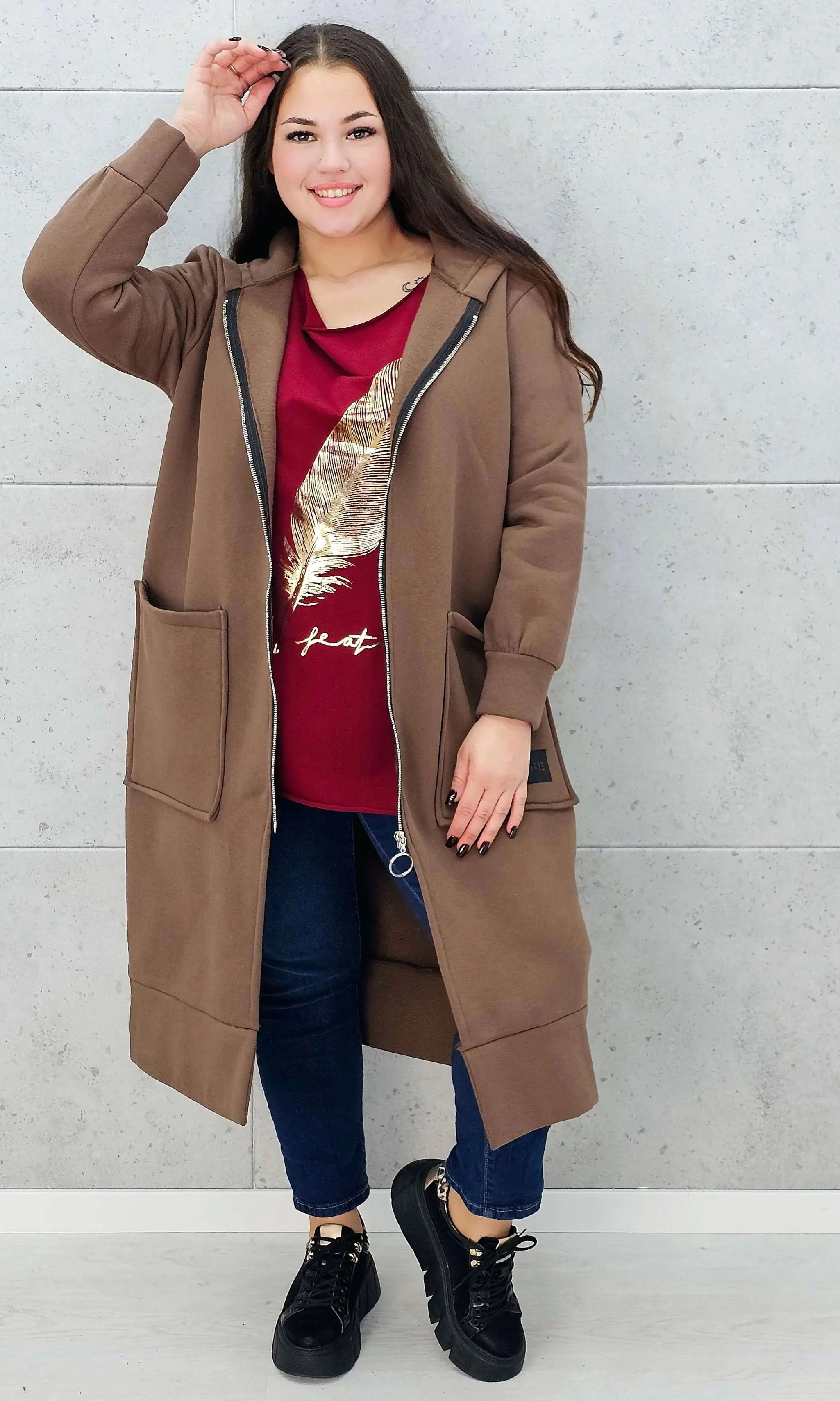 bluza plus size brąz z zamkiem i kieszeniami rozpięta