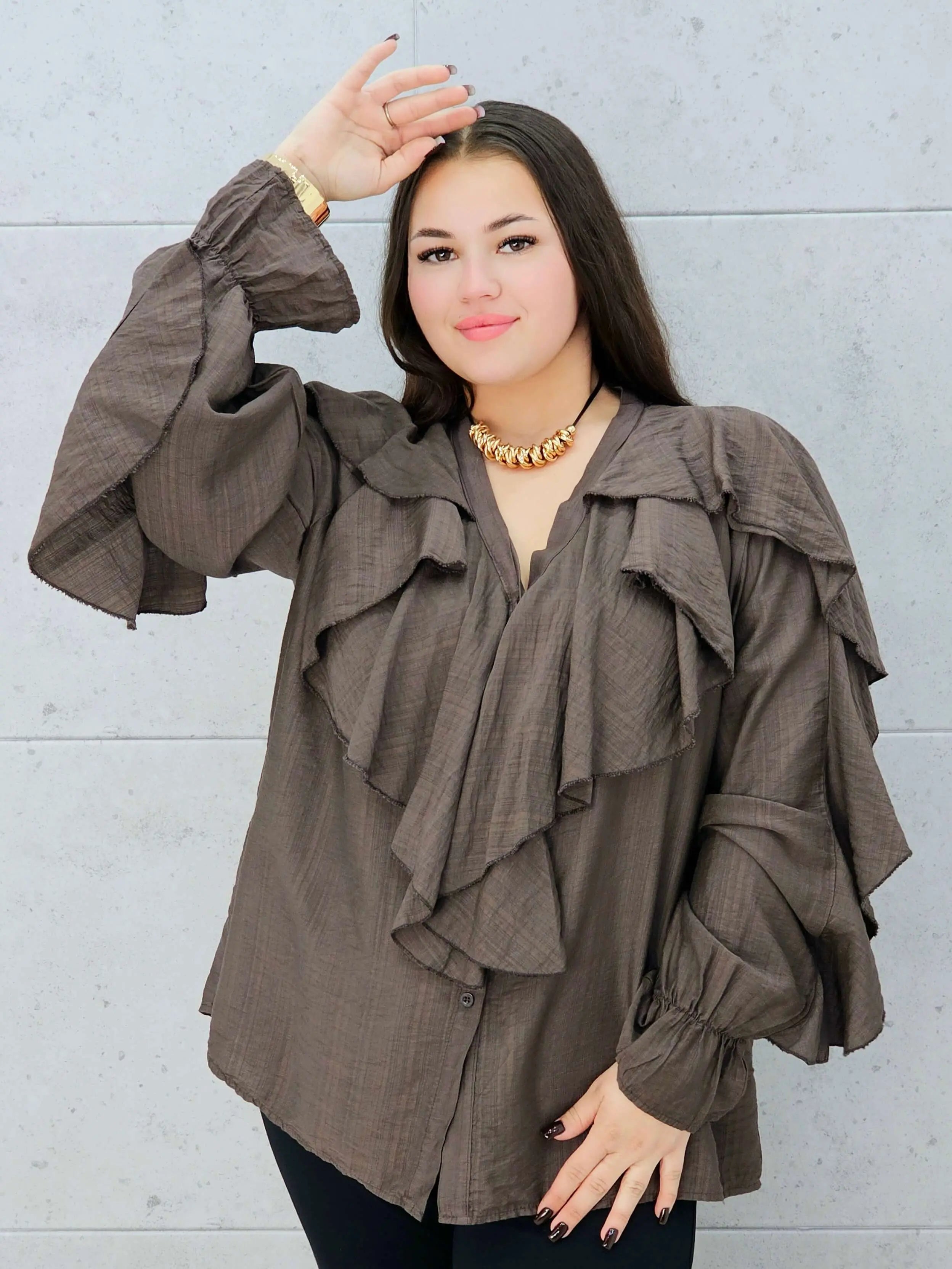 brązowa bluzka z falbanami plus size Stylowa XL – przód