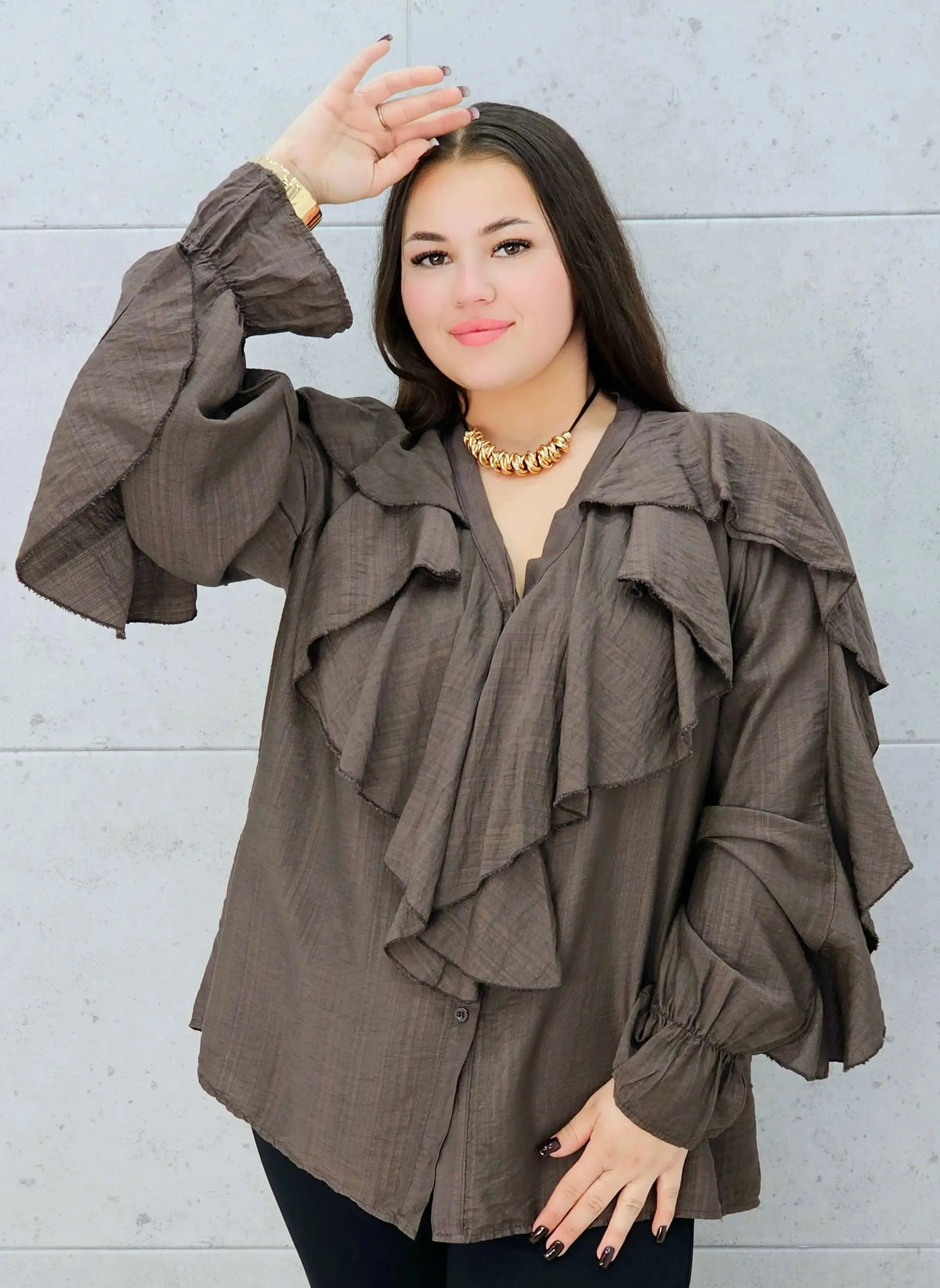 brązowa bluzka z falbanami plus size Stylowa XL – przód