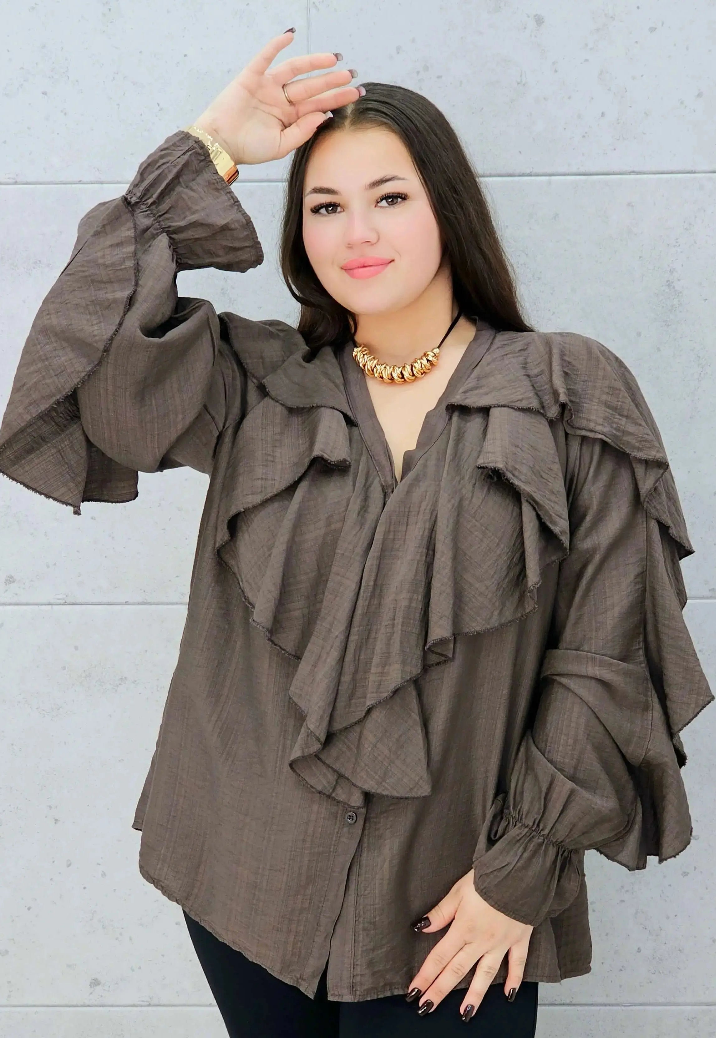 brązowa bluzka z falbanami plus size Stylowa XL – przód