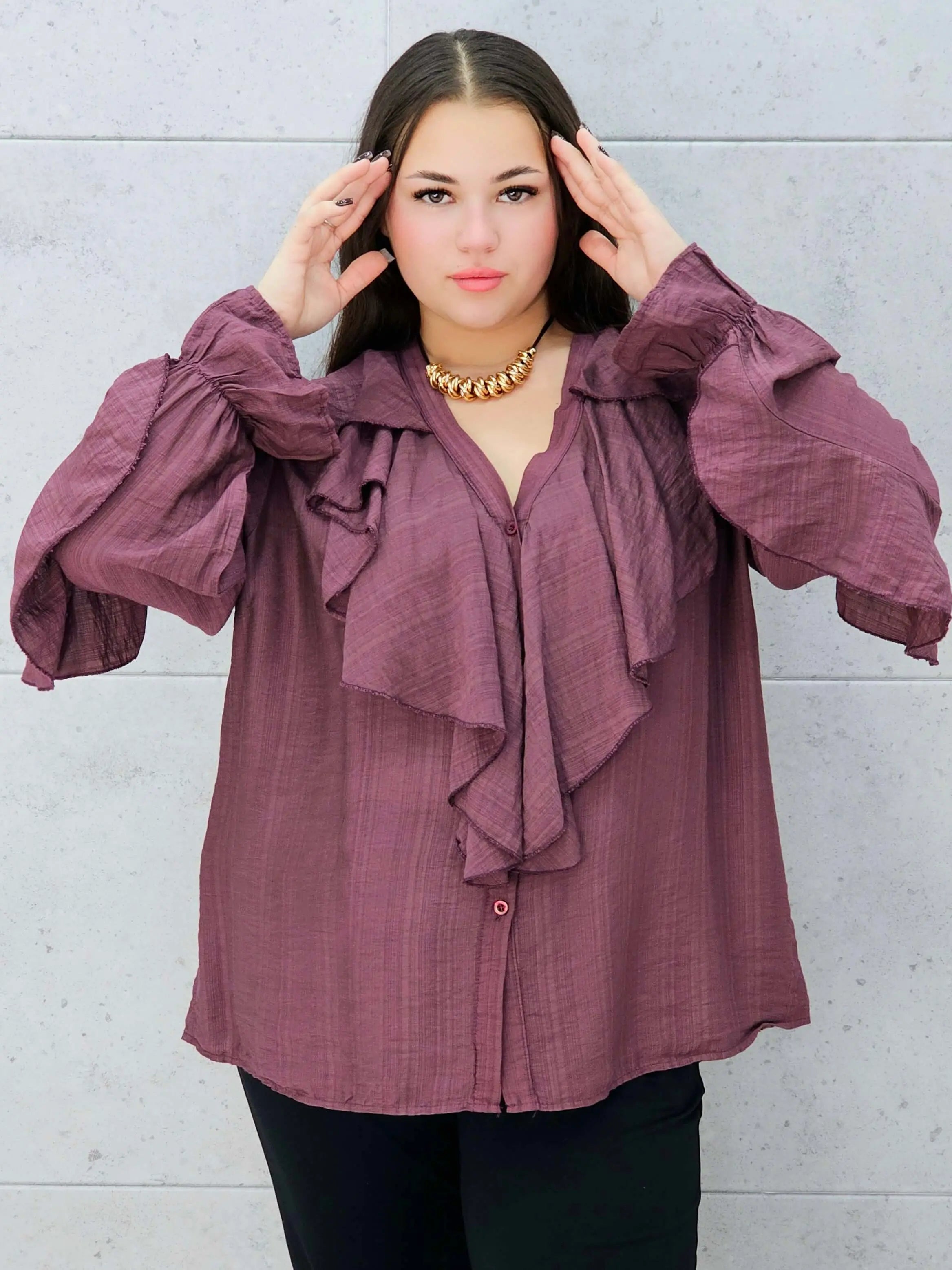 śliwkowa bluzka z falbanami plus size Stylowa XL – przód