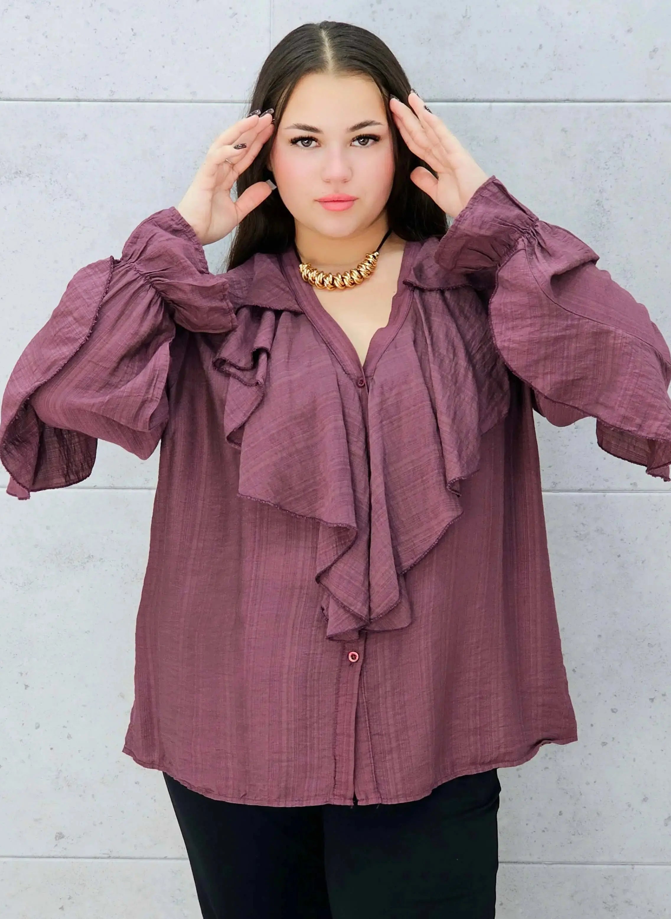 śliwkowa bluzka z falbanami plus size Stylowa XL – przód