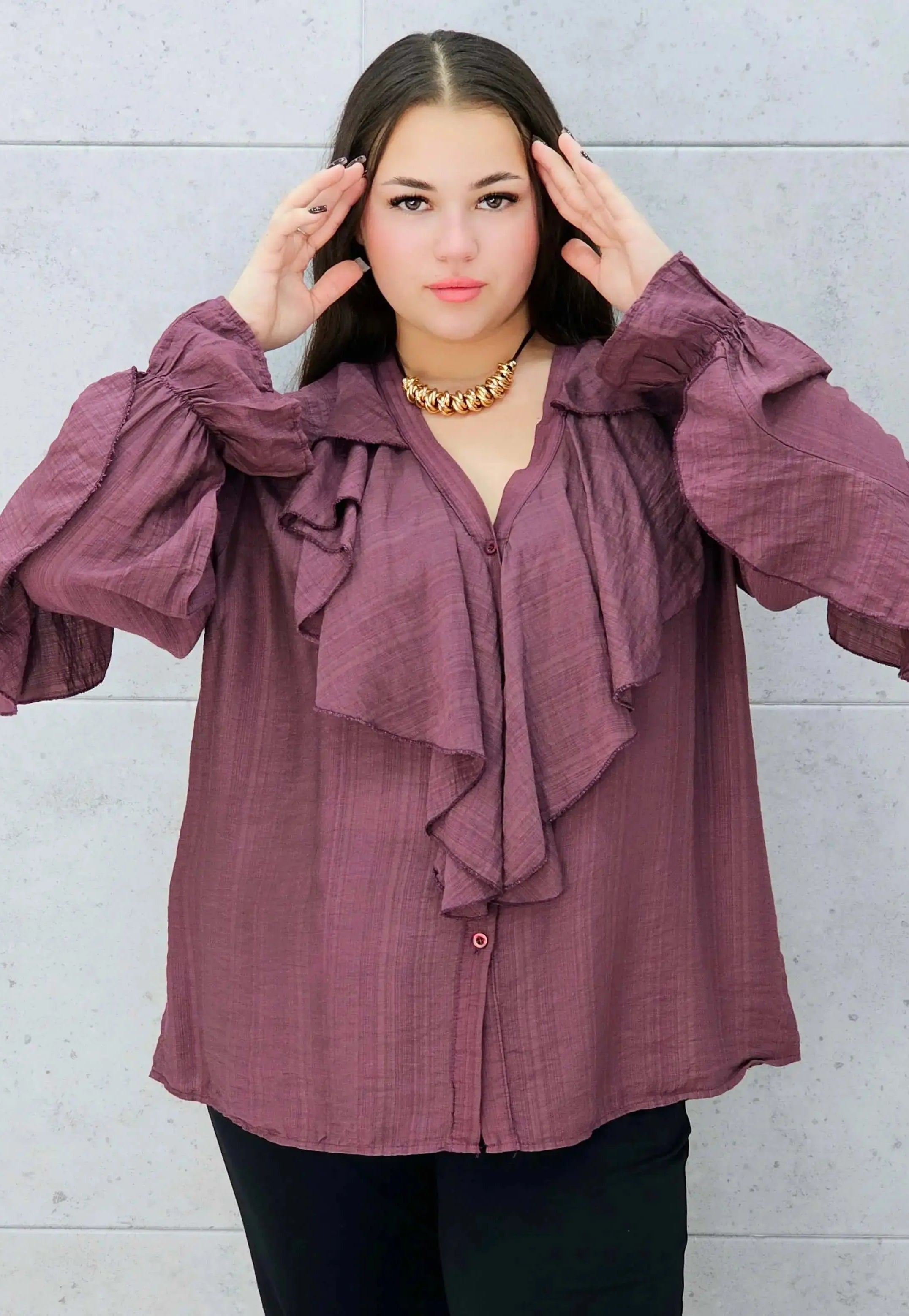 śliwkowa bluzka z falbanami plus size Stylowa XL – przód