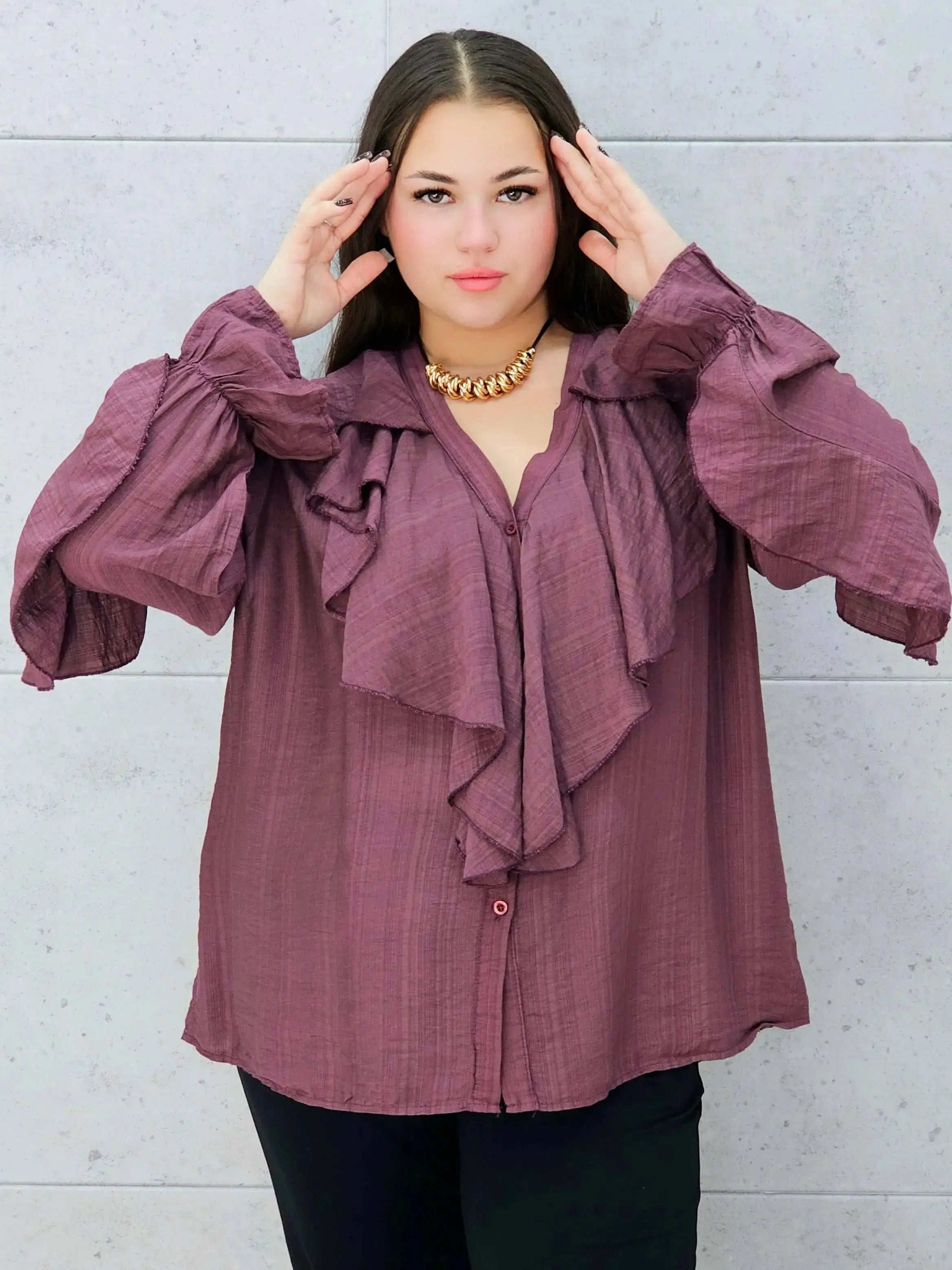śliwkowa bluzka z falbanami plus size Stylowa XL – przód