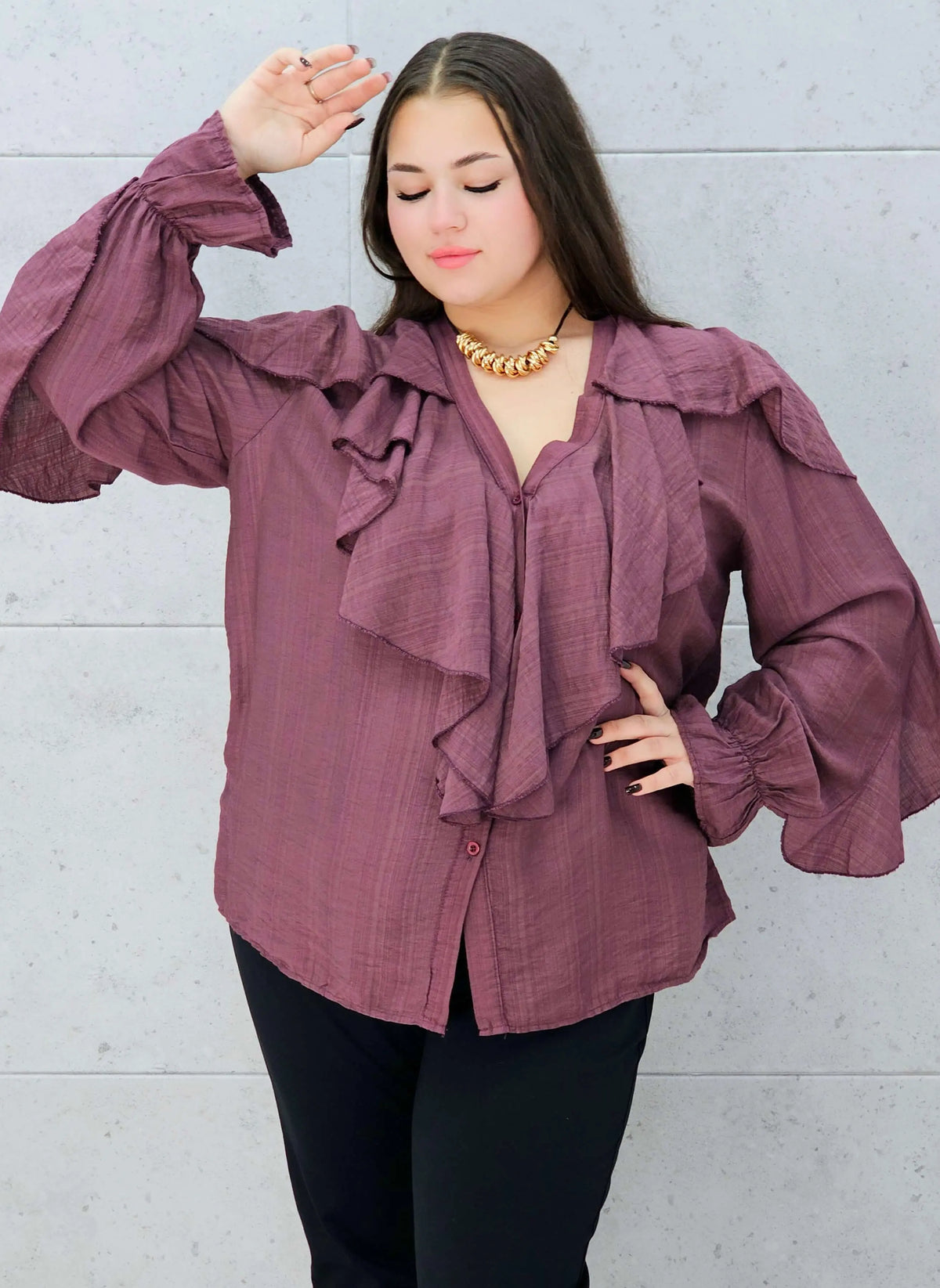 śliwkowa bluzka z falbanami plus size Stylowa XL –rękaw falbanka