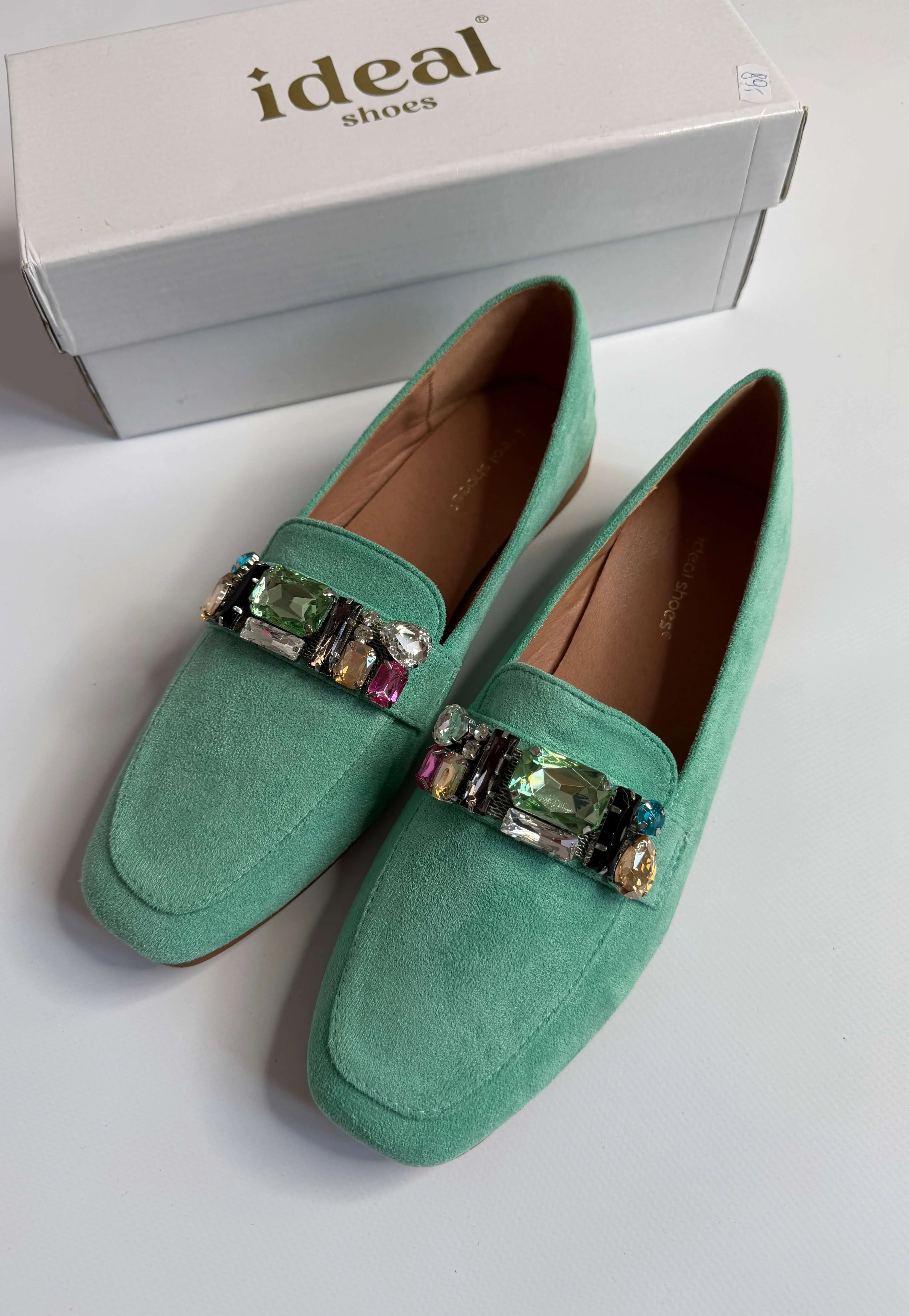Mokasyny damskie zielone z ozdobnymi kamieniami Ideal Shoes Stylowa XL