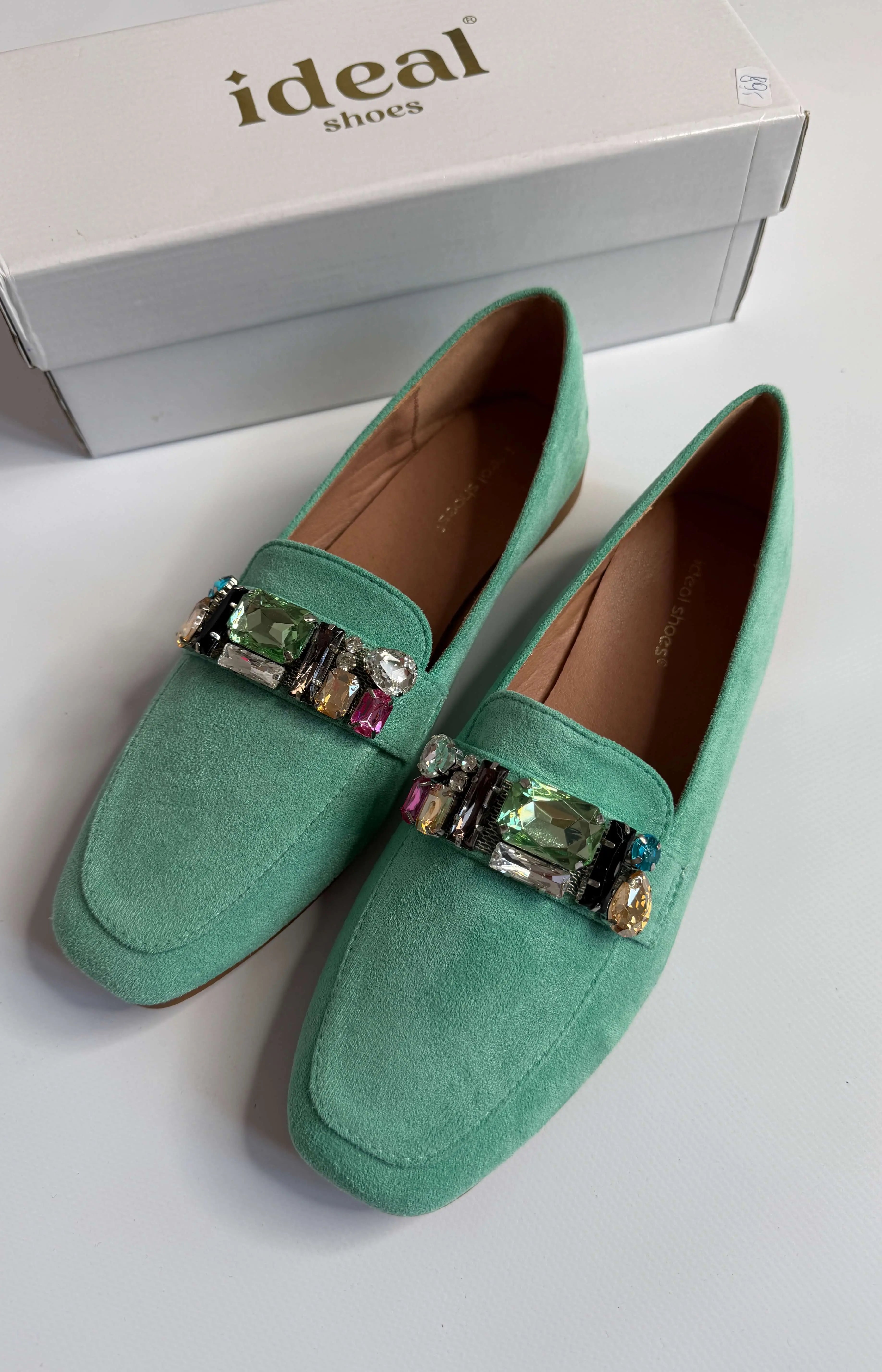 Mokasyny damskie zielone z ozdobnymi kamieniami Ideal Shoes Stylowa XL