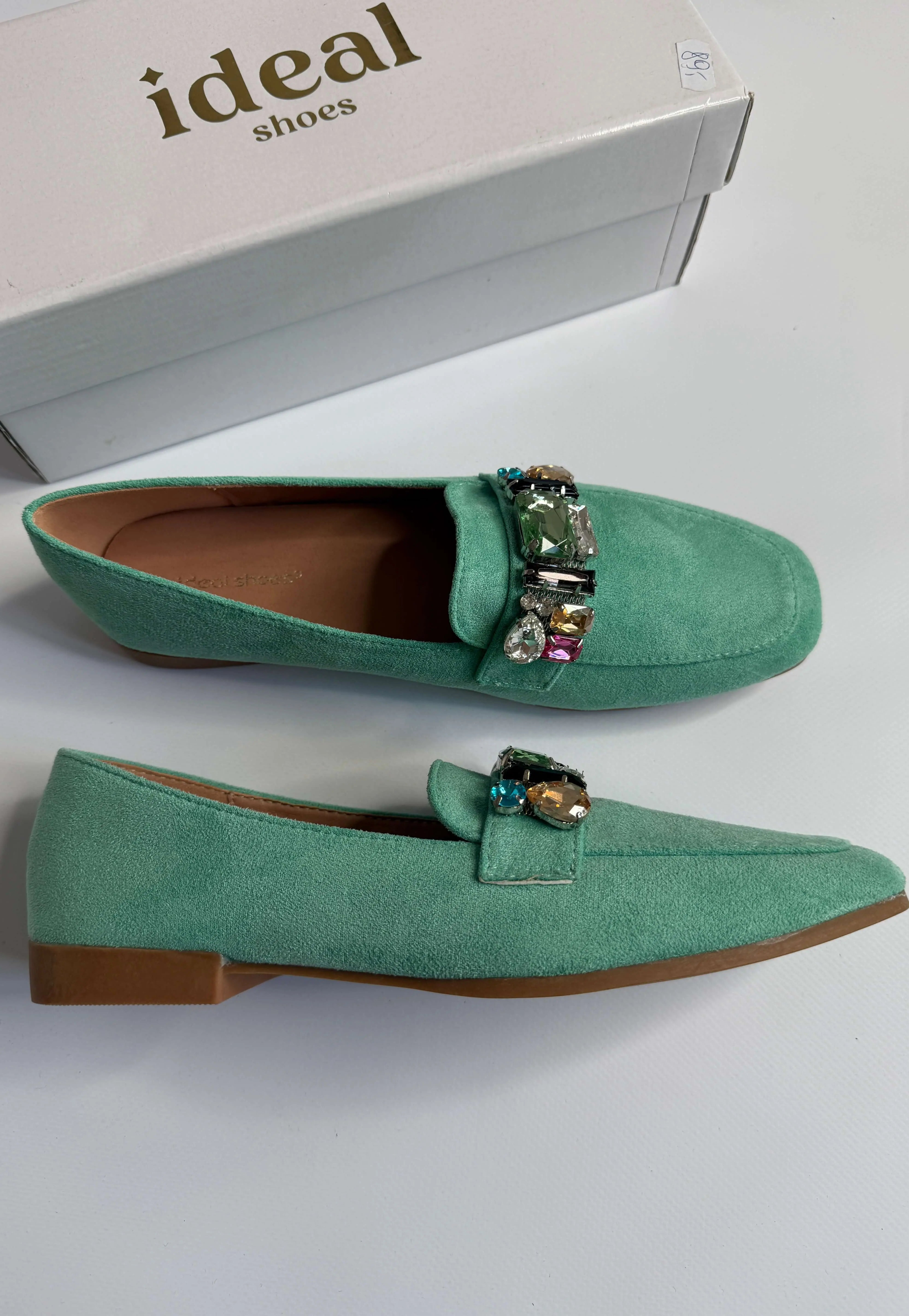 Mokasyny damskie zielone z ozdobnymi kamieniami Ideal Shoes Stylowa XL