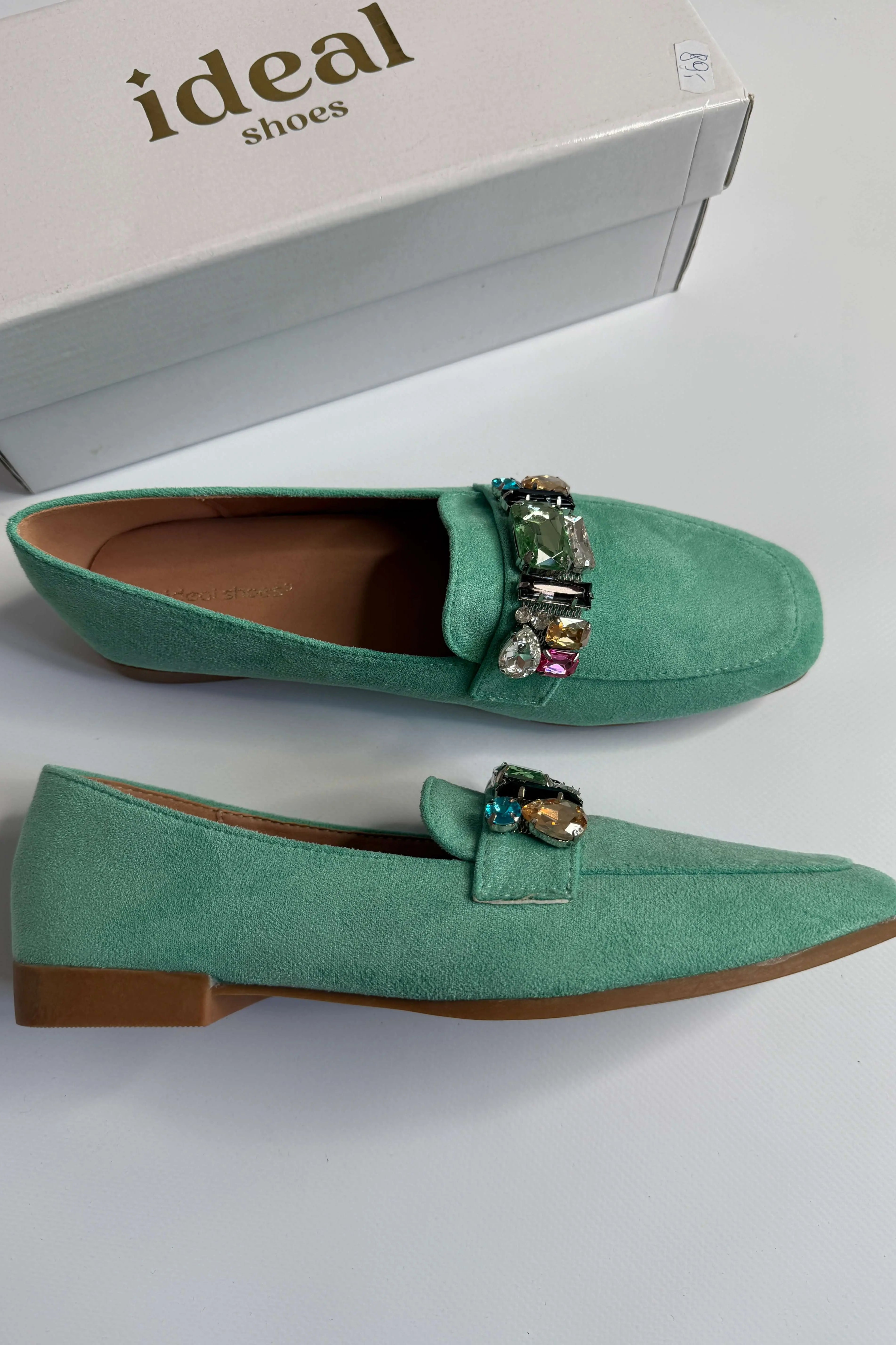 Mokasyny damskie zielone z ozdobnymi kamieniami Ideal Shoes Stylowa XL