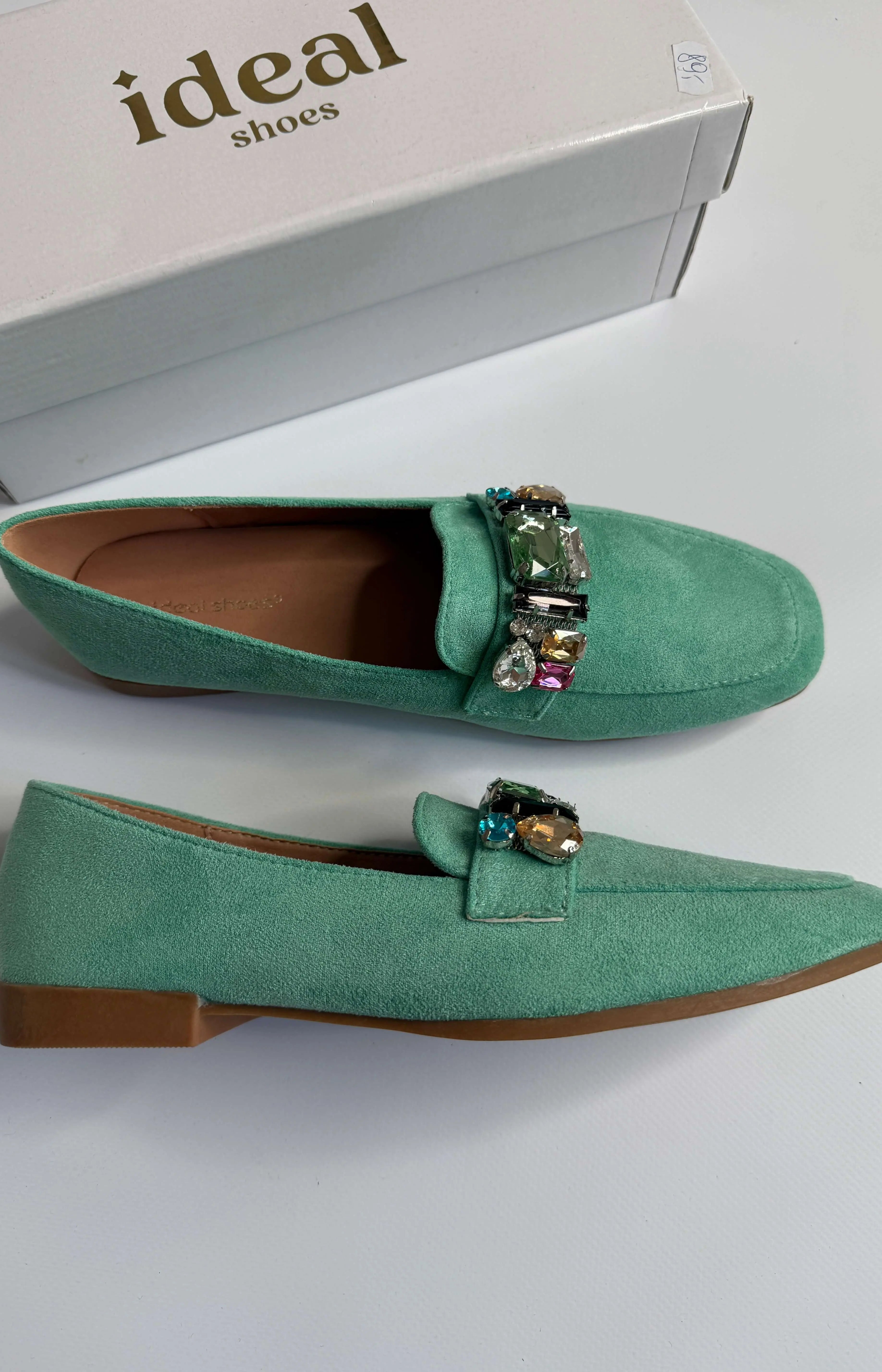 Mokasyny damskie zielone z ozdobnymi kamieniami Ideal Shoes Stylowa XL