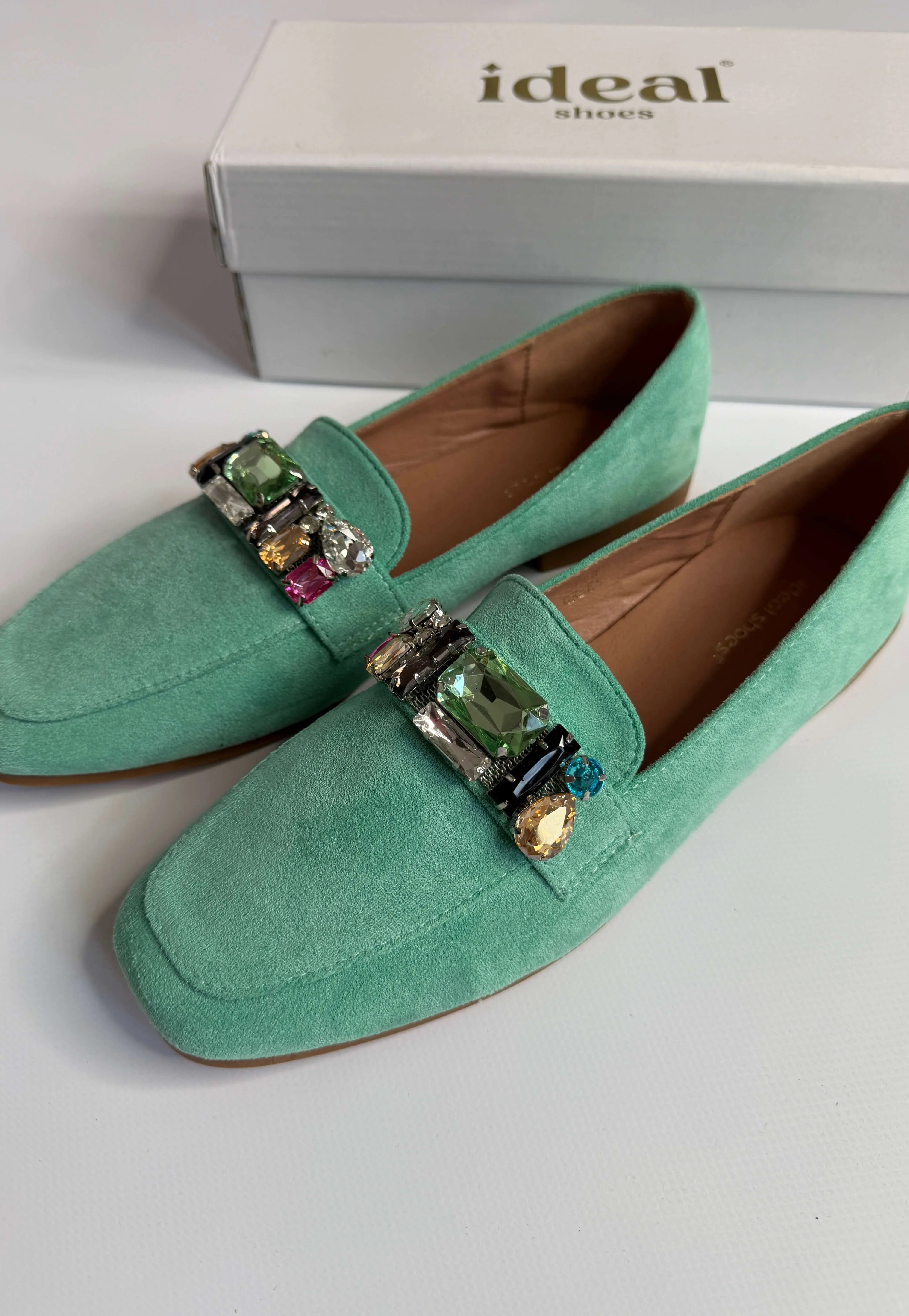 Mokasyny damskie zielone z ozdobnymi kamieniami Ideal Shoes Stylowa XL