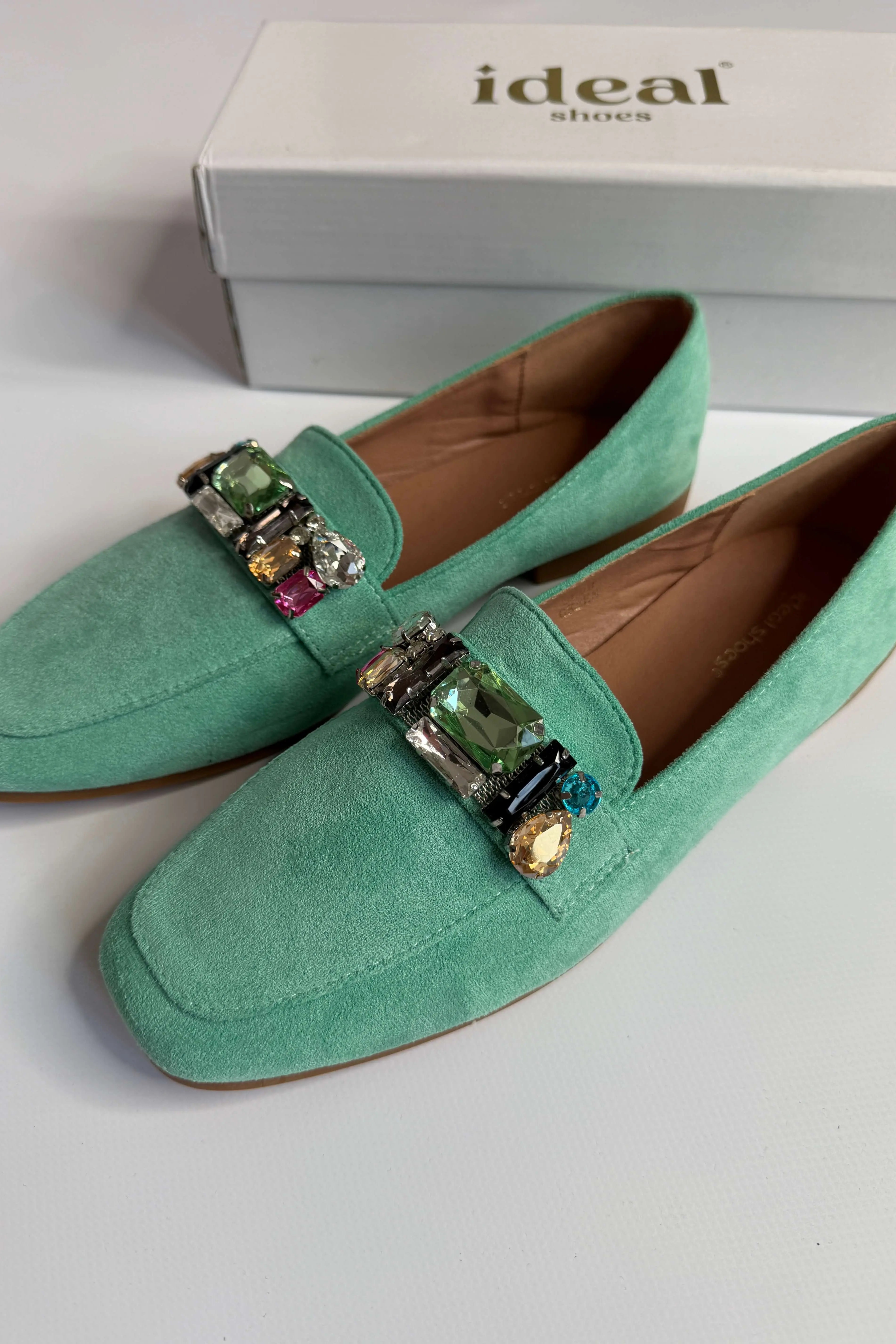 Mokasyny damskie zielone z ozdobnymi kamieniami Ideal Shoes Stylowa XL