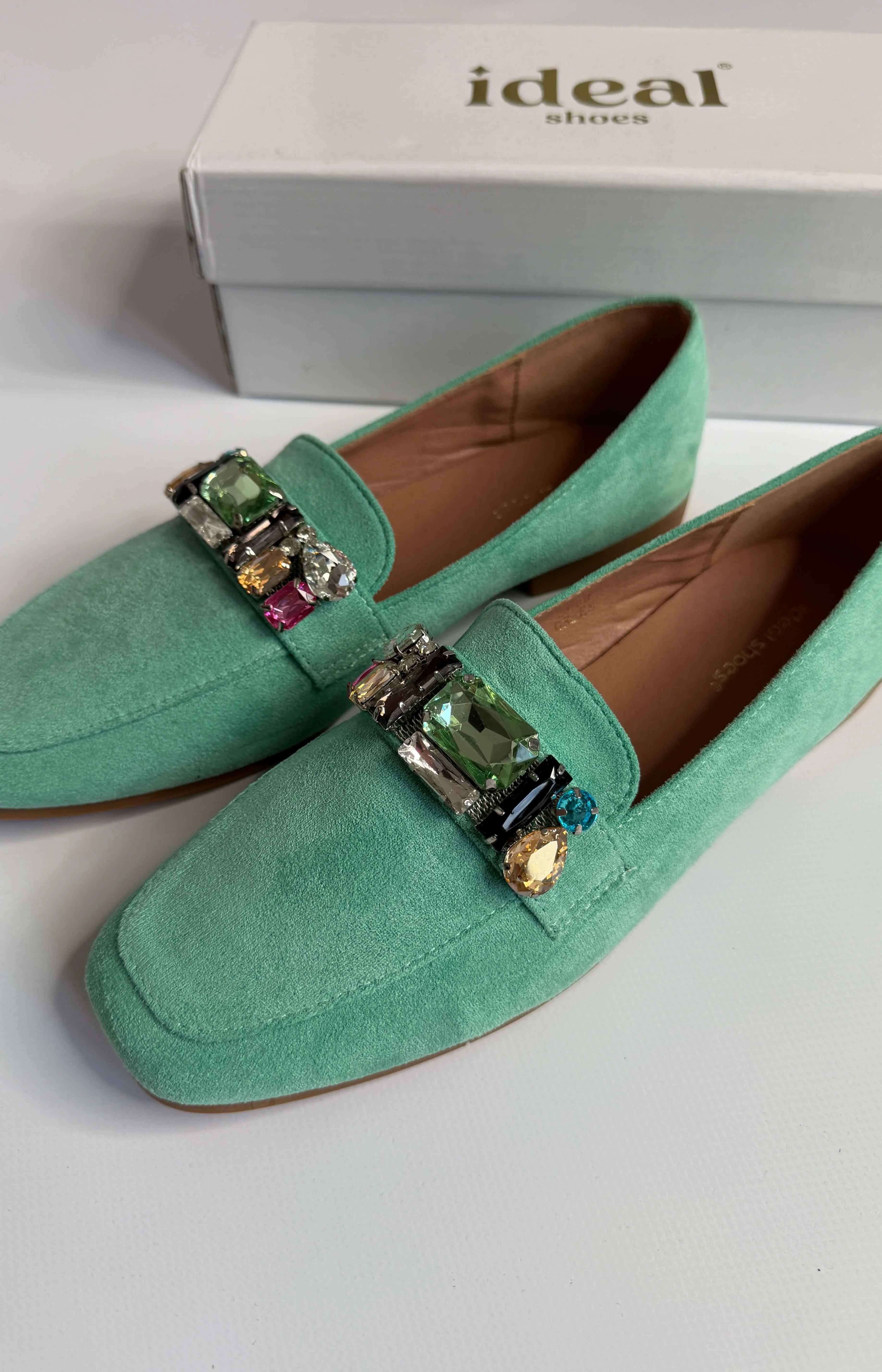 Mokasyny damskie zielone z ozdobnymi kamieniami Ideal Shoes Stylowa XL