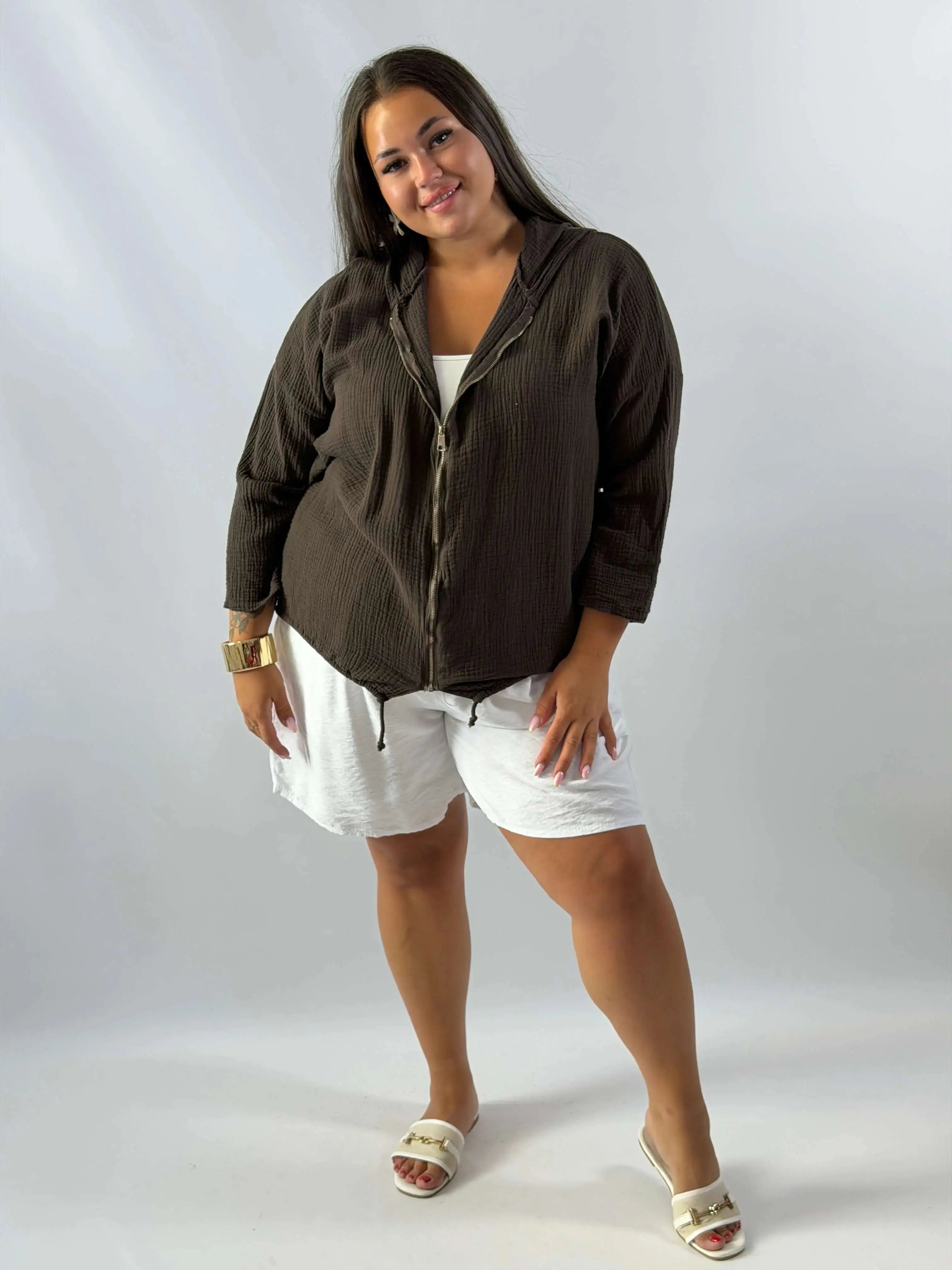 Muślinowa Bluza Plus Size z Kapturem i Zamkiem Stylowa XL