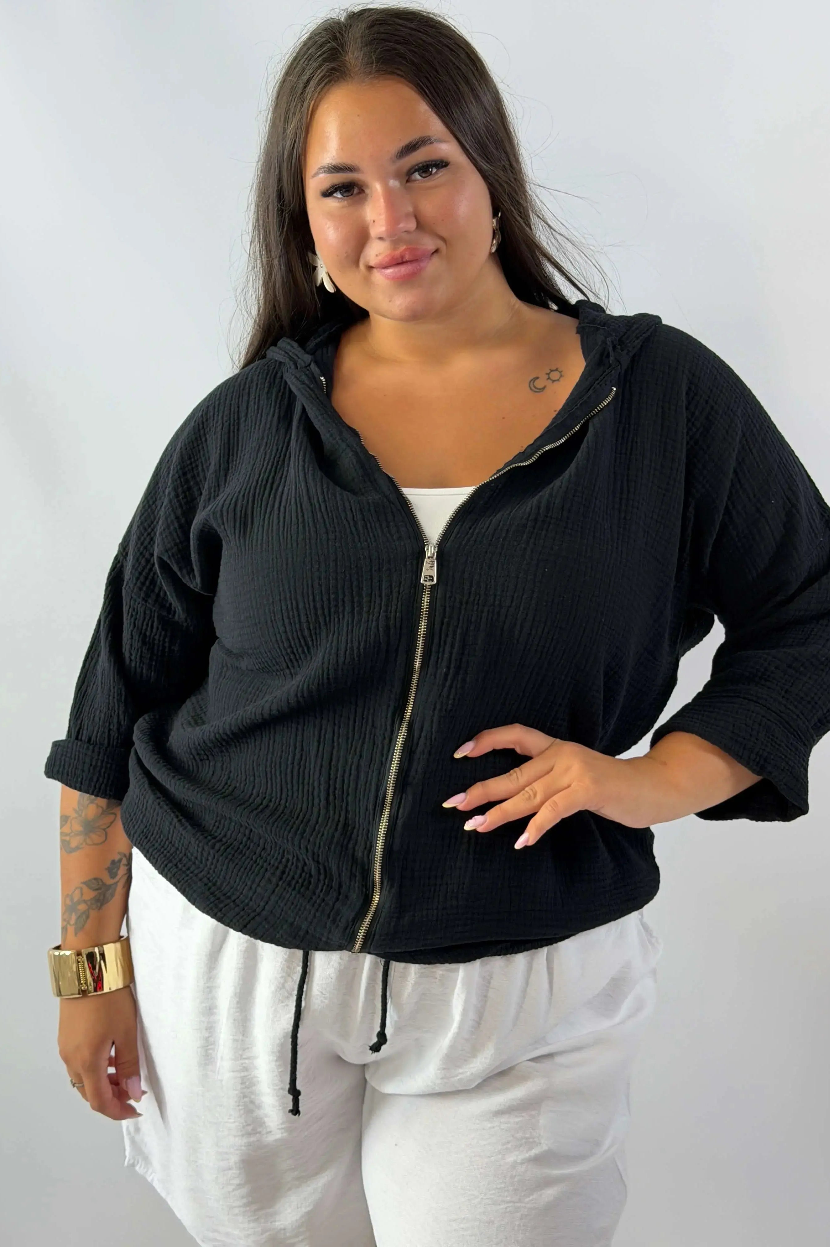 Muślinowa Bluza Plus Size z Kapturem i Zamkiem Stylowa XL