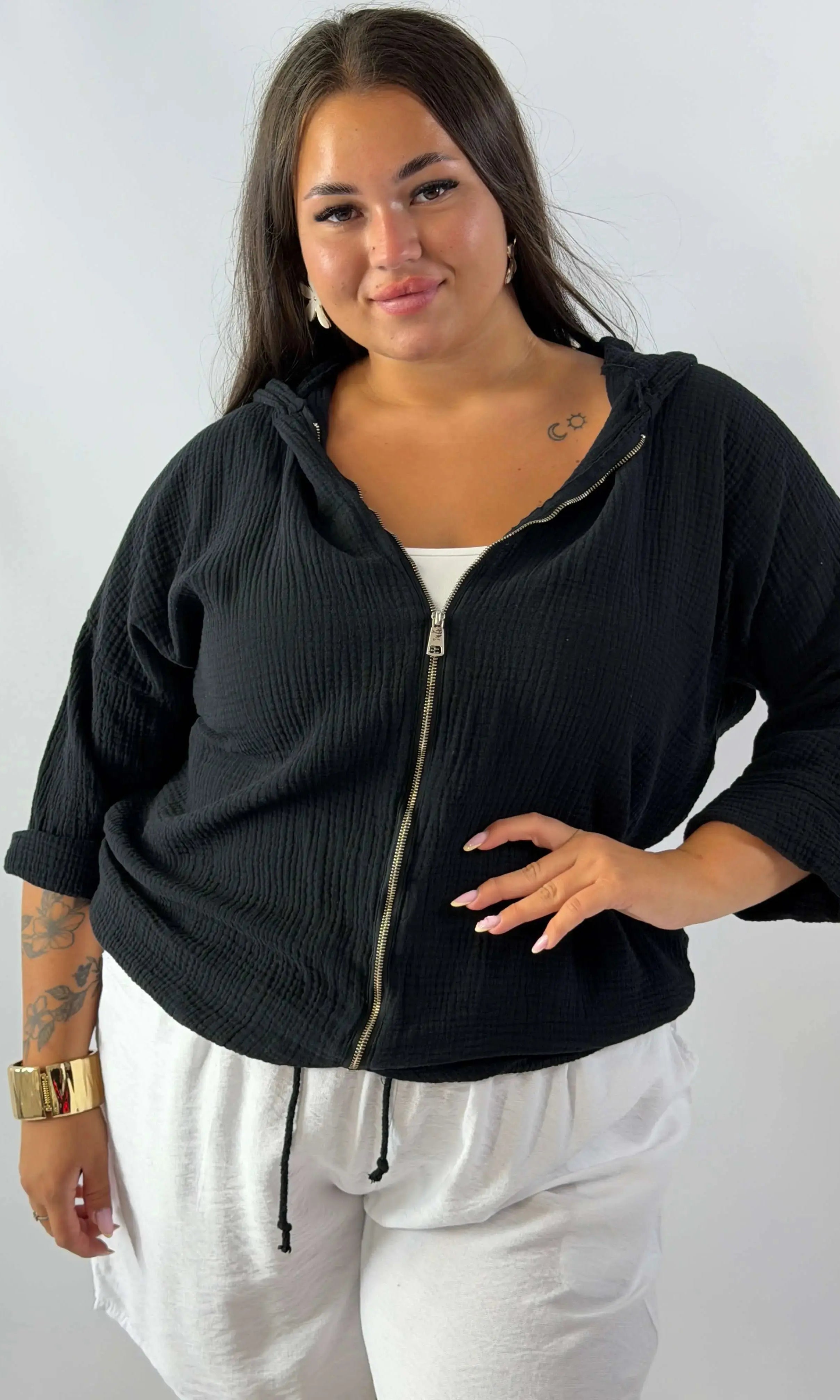 Muślinowa Bluza Plus Size z Kapturem i Zamkiem Stylowa XL