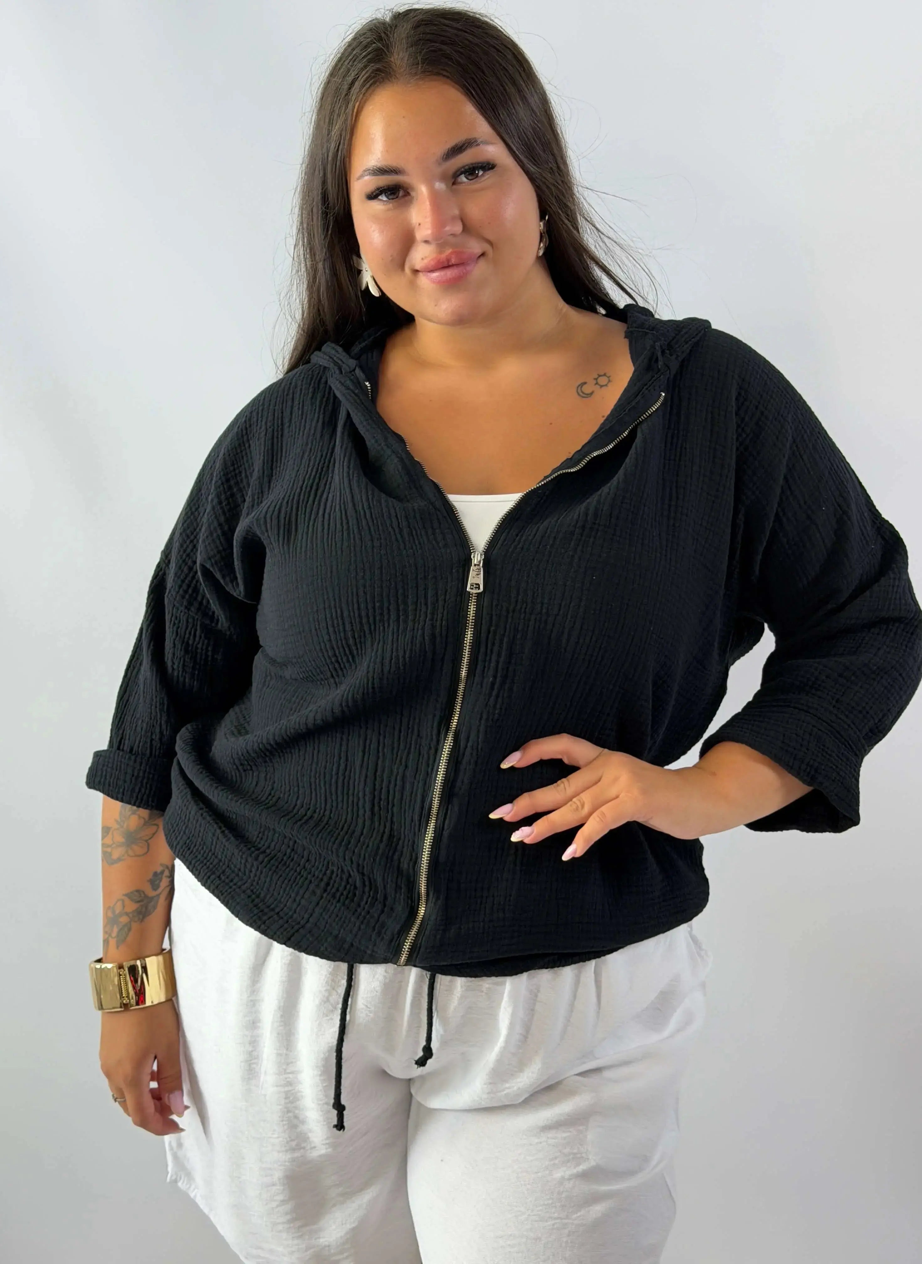 Muślinowa Bluza Plus Size z Kapturem i Zamkiem Stylowa XL