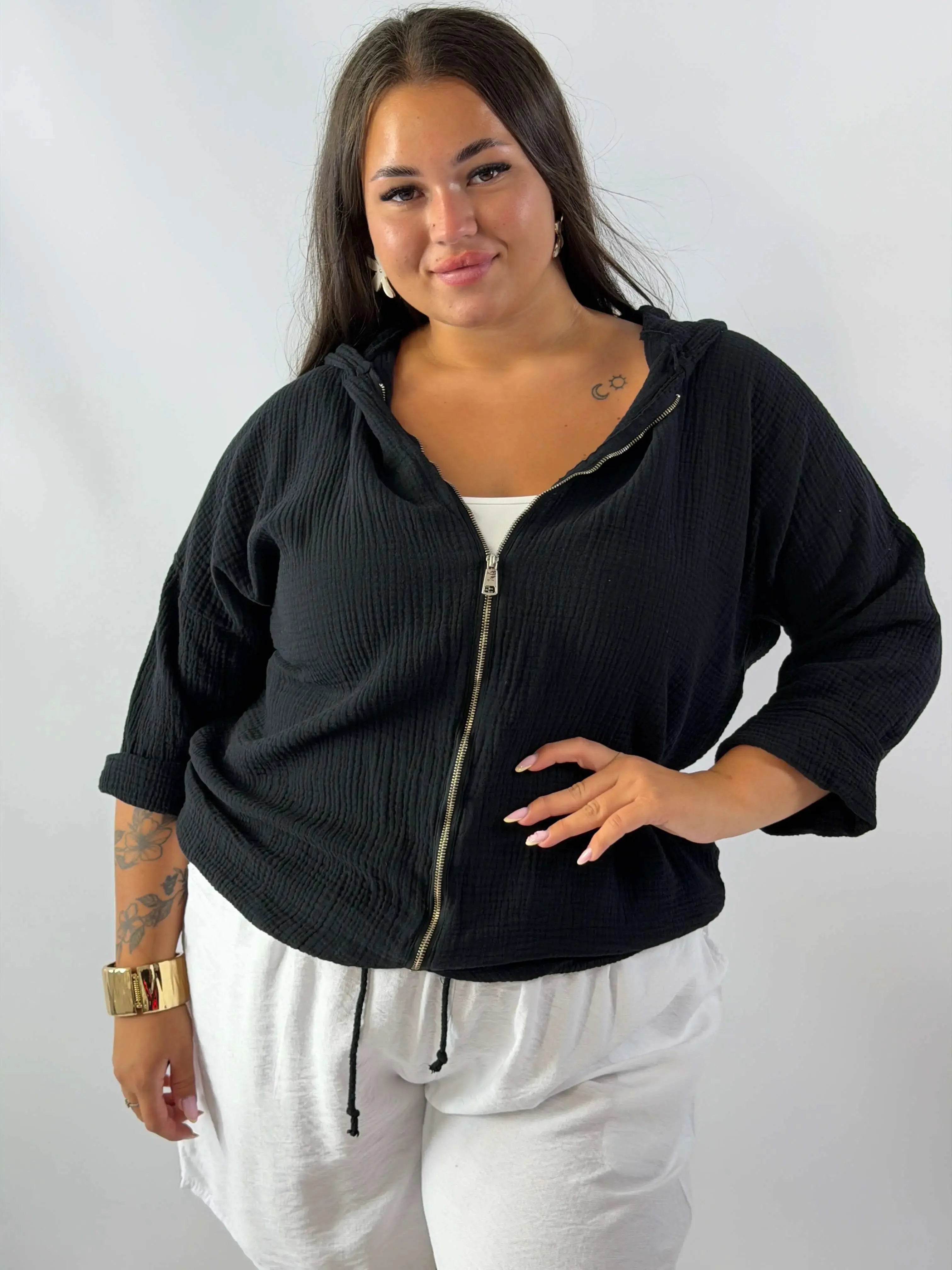 Muślinowa Bluza Plus Size z Kapturem i Zamkiem Stylowa XL