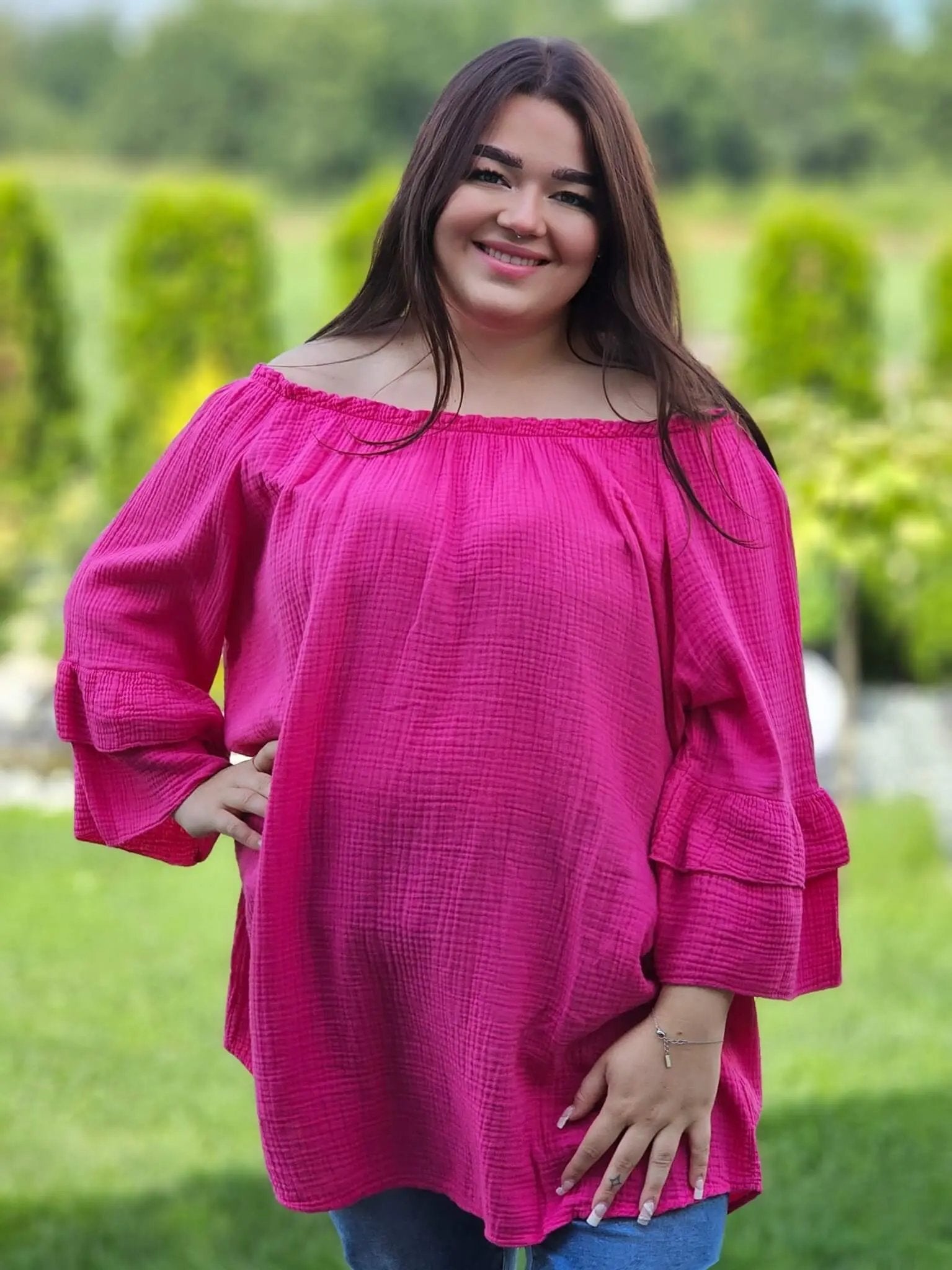 Muślinowa bluzka hiszpanka z falbanami Stylowa XL