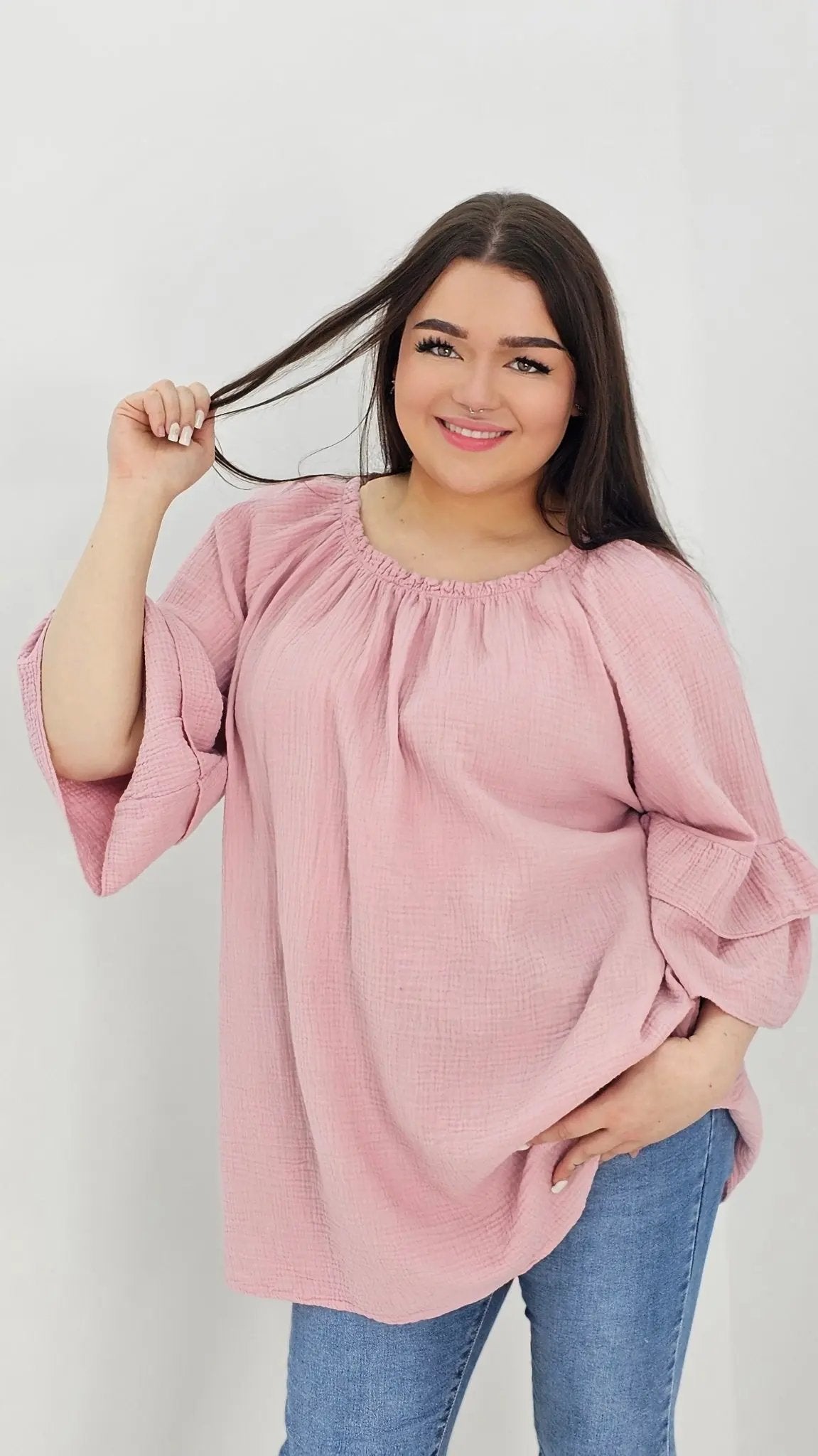 Muślinowa bluzka hiszpanka z falbanami Stylowa XL