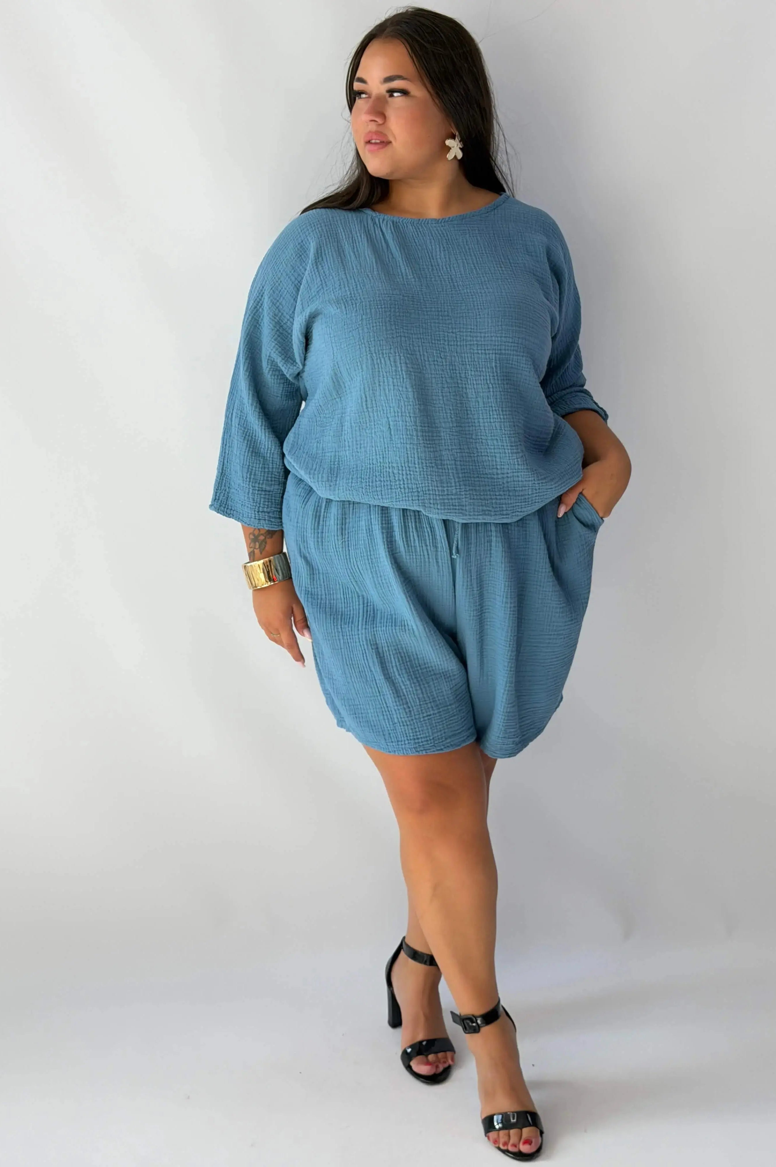 Muślinowy Komplet Plus Size – Bluzka i Spodenki z Bawełny Muślinowej Stylowa XL