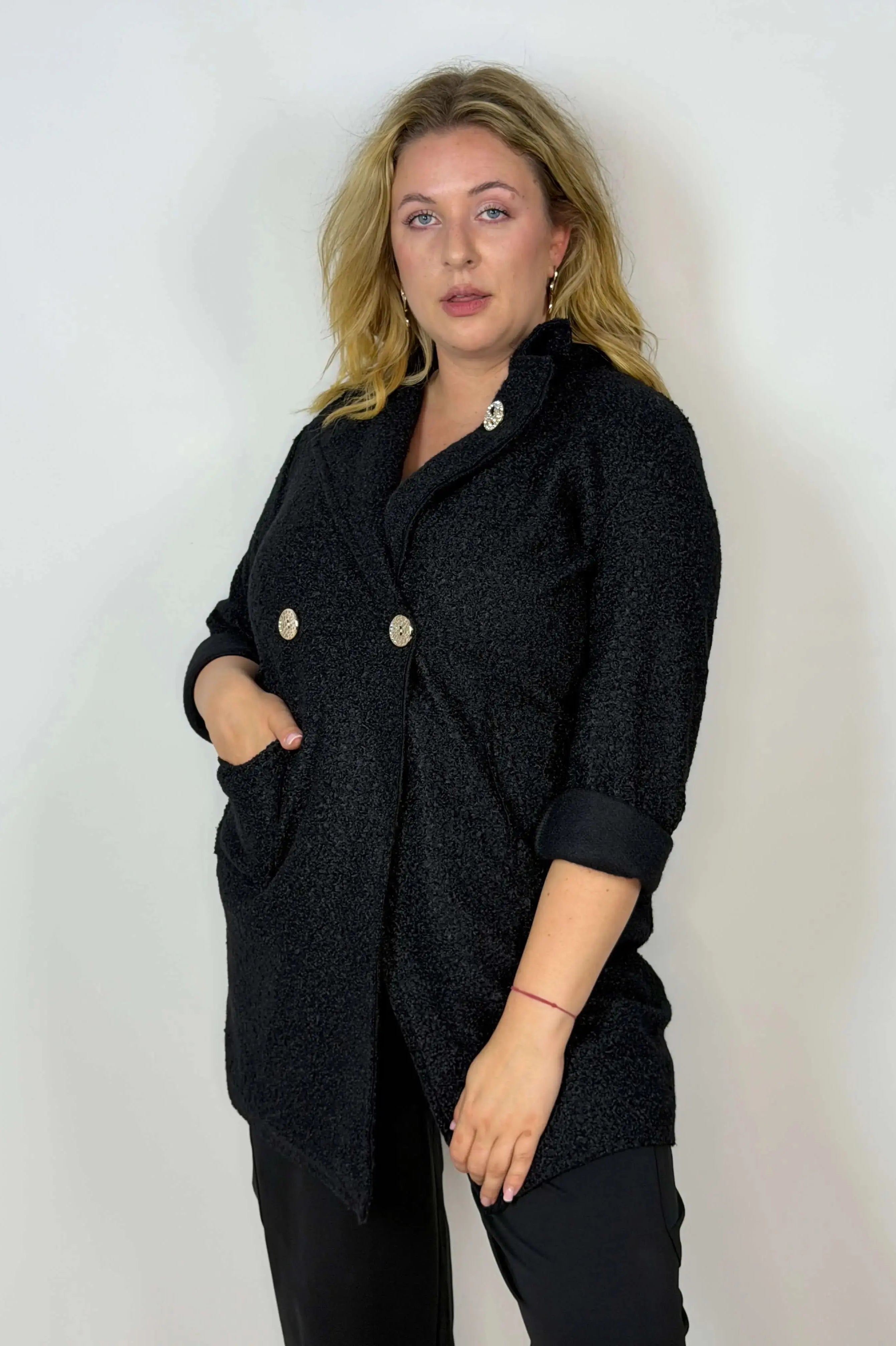 Płaszcz damski Plus Size Bouclé z ozdobnymi guzikami Stylowa XL