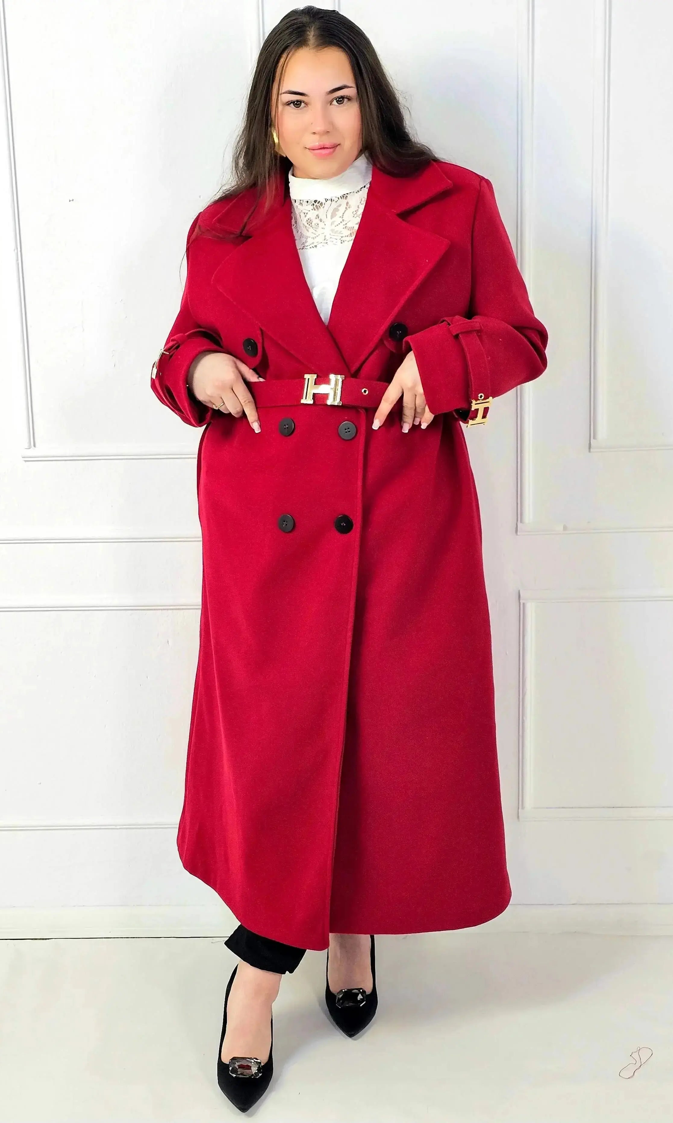 Płaszcz plus size dwurzędowy z paskiem – elegancki płaszcz XXL Stylowa XL