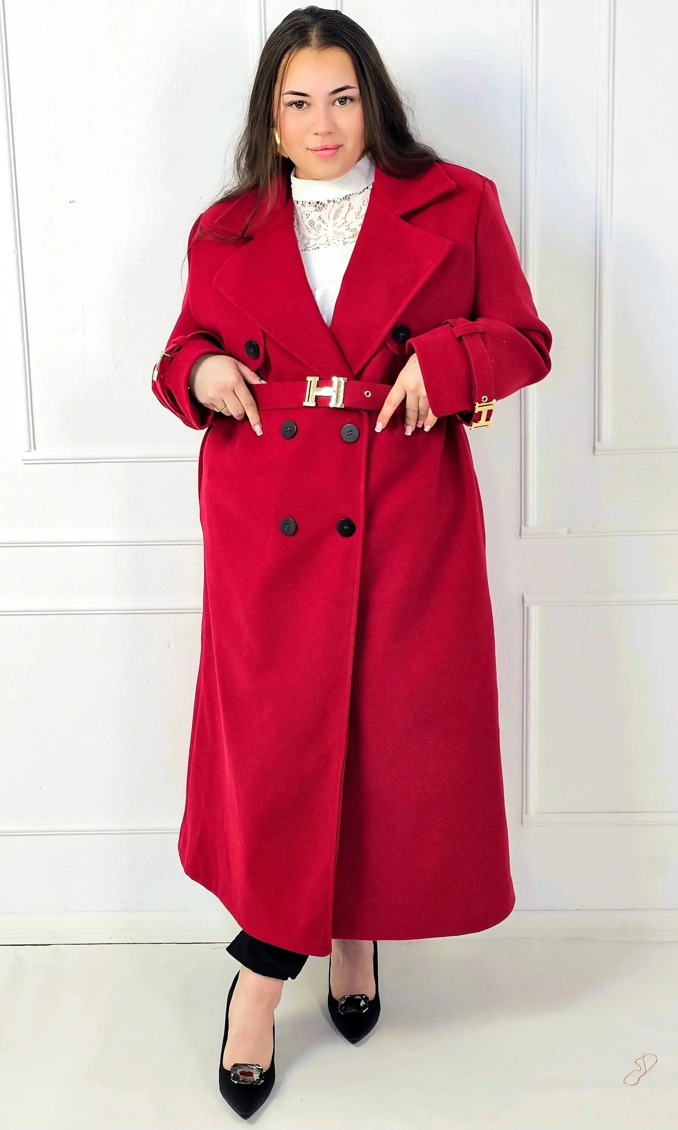 Płaszcz plus size dwurzędowy z paskiem – elegancki płaszcz XXL Stylowa XL