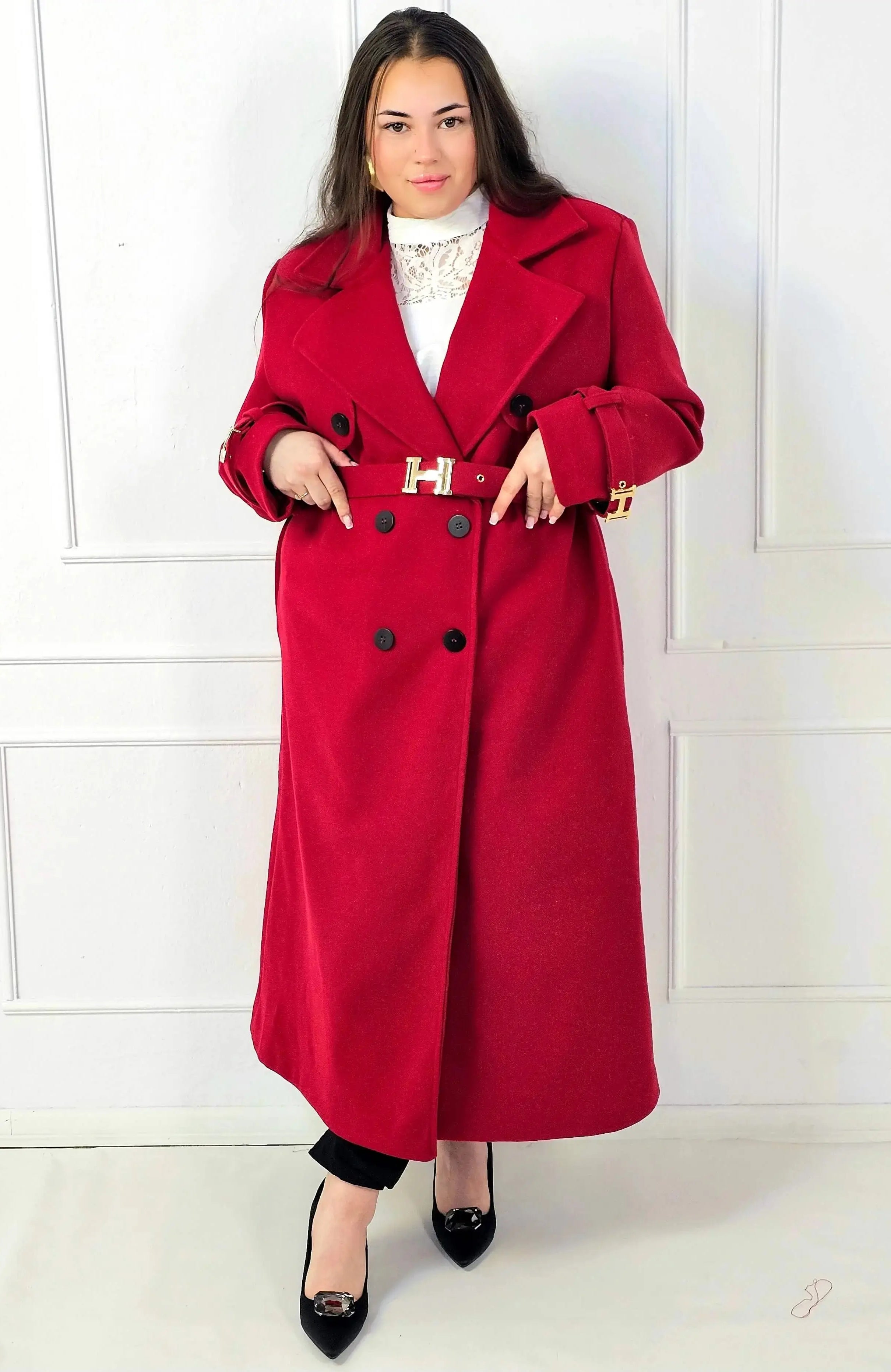 Płaszcz plus size dwurzędowy z paskiem – elegancki płaszcz XXL Stylowa XL
