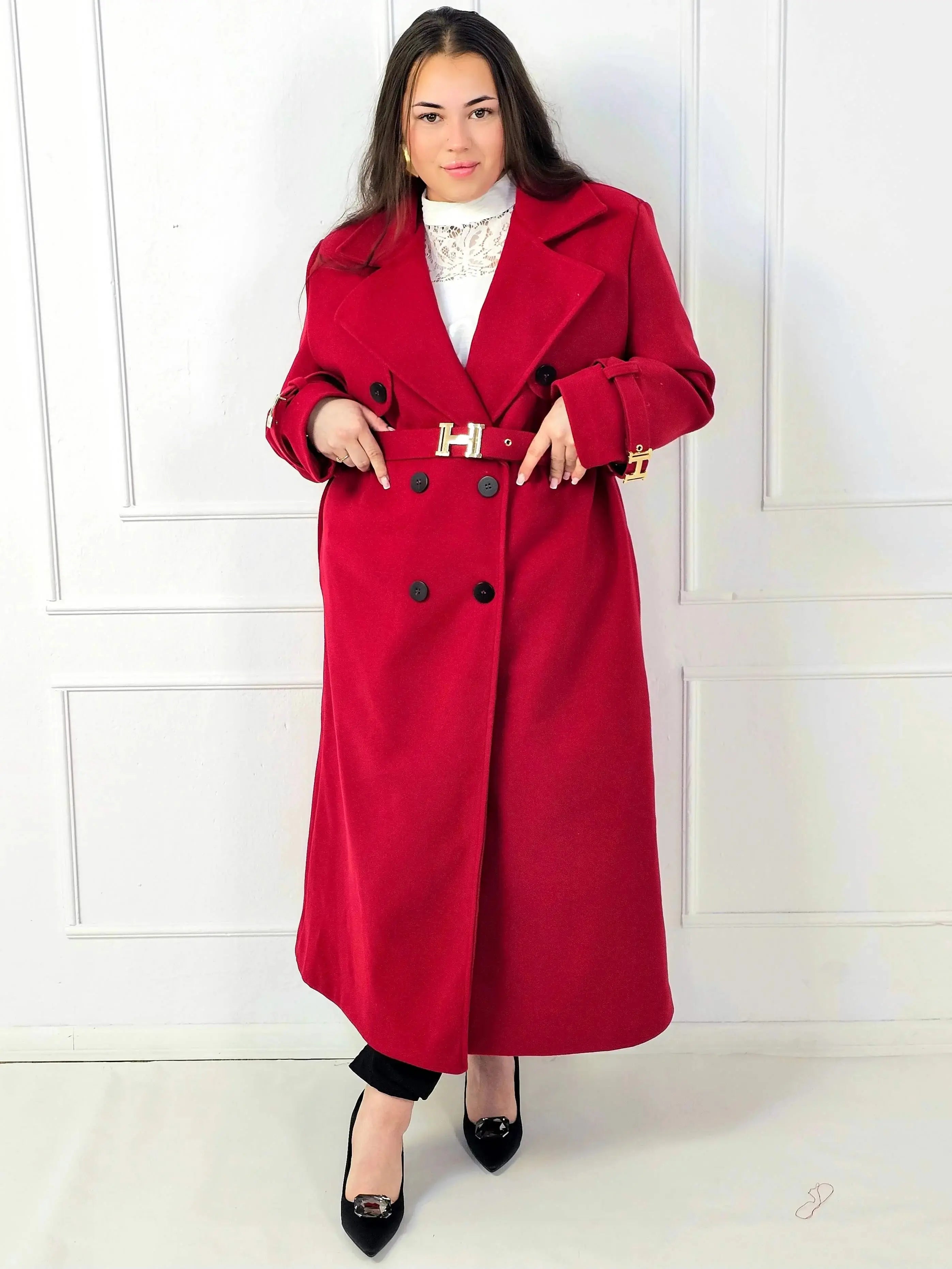 Płaszcz plus size dwurzędowy z paskiem – elegancki płaszcz XXL Stylowa XL