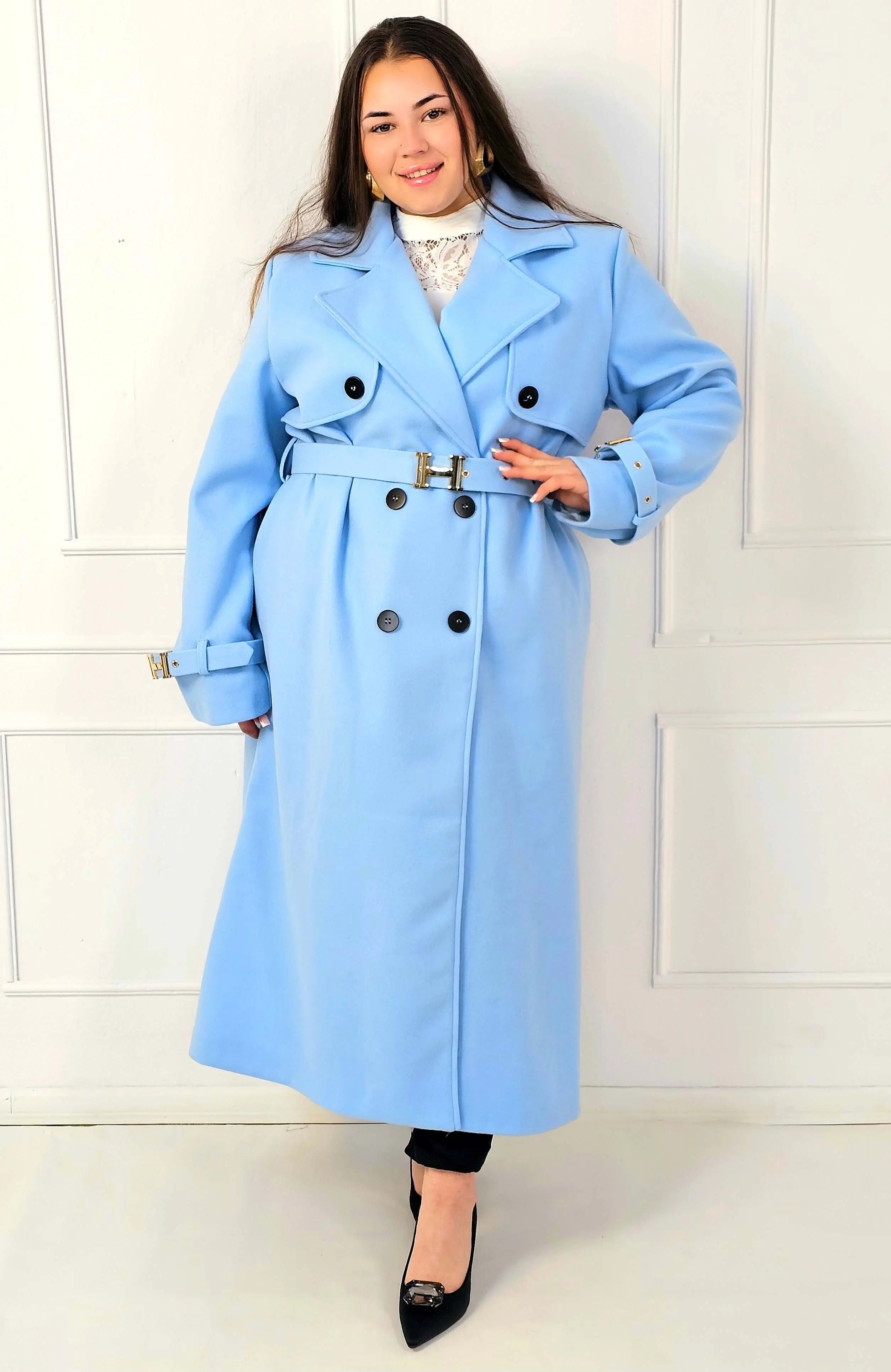 Płaszcz plus size dwurzędowy z paskiem – elegancki płaszcz XXL Stylowa XL