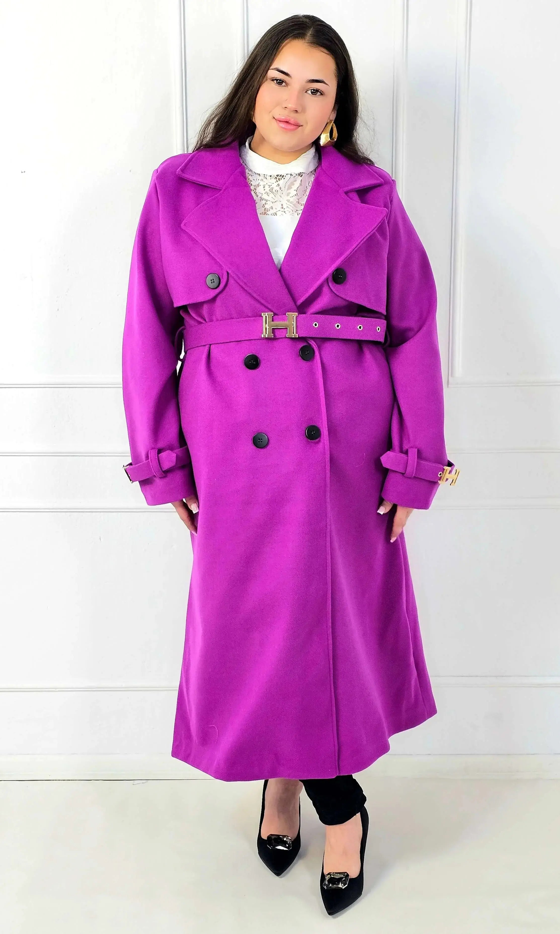 Płaszcz plus size dwurzędowy z paskiem – elegancki płaszcz XXL Stylowa XL