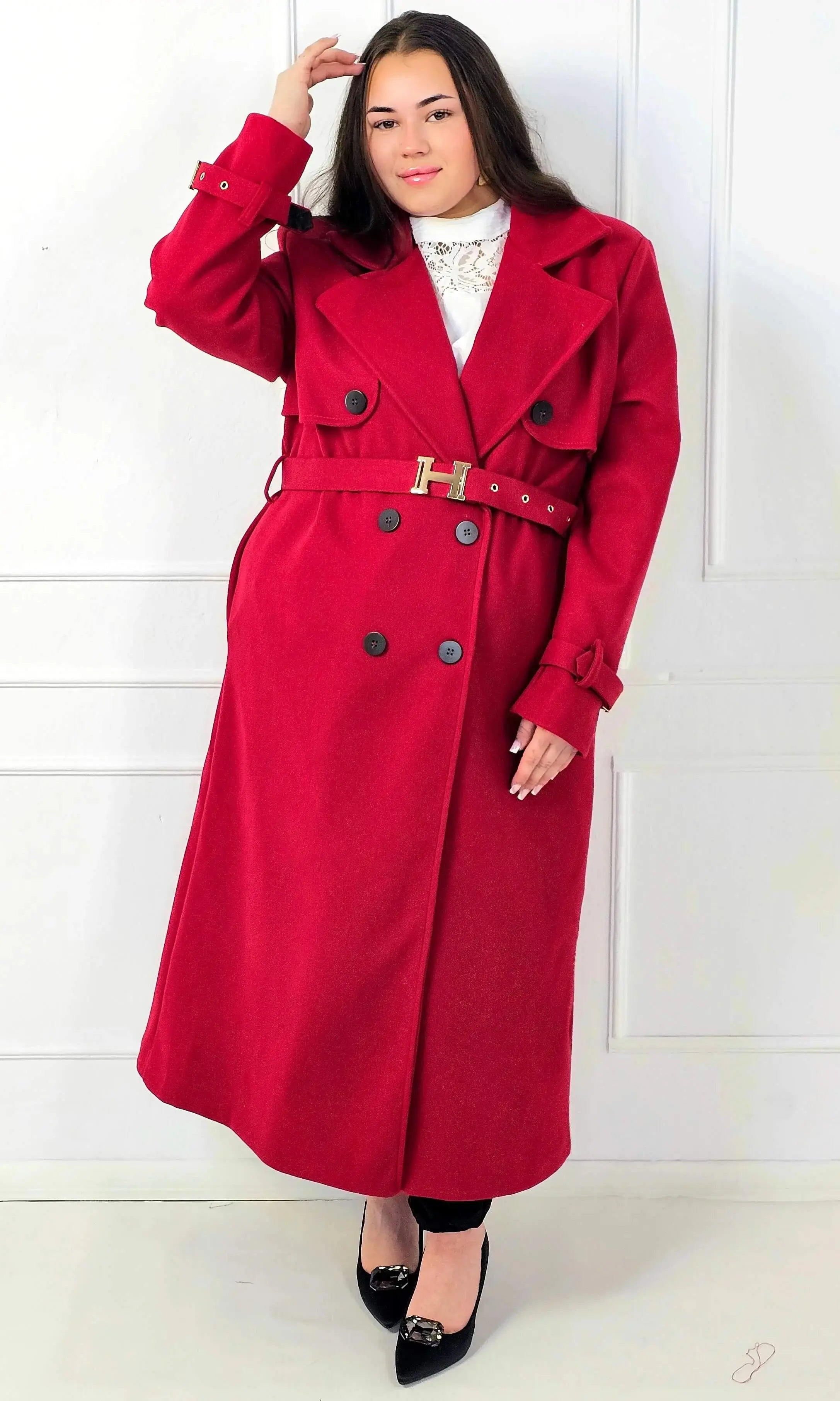 Płaszcz plus size dwurzędowy z paskiem – elegancki płaszcz XXL Stylowa XL
