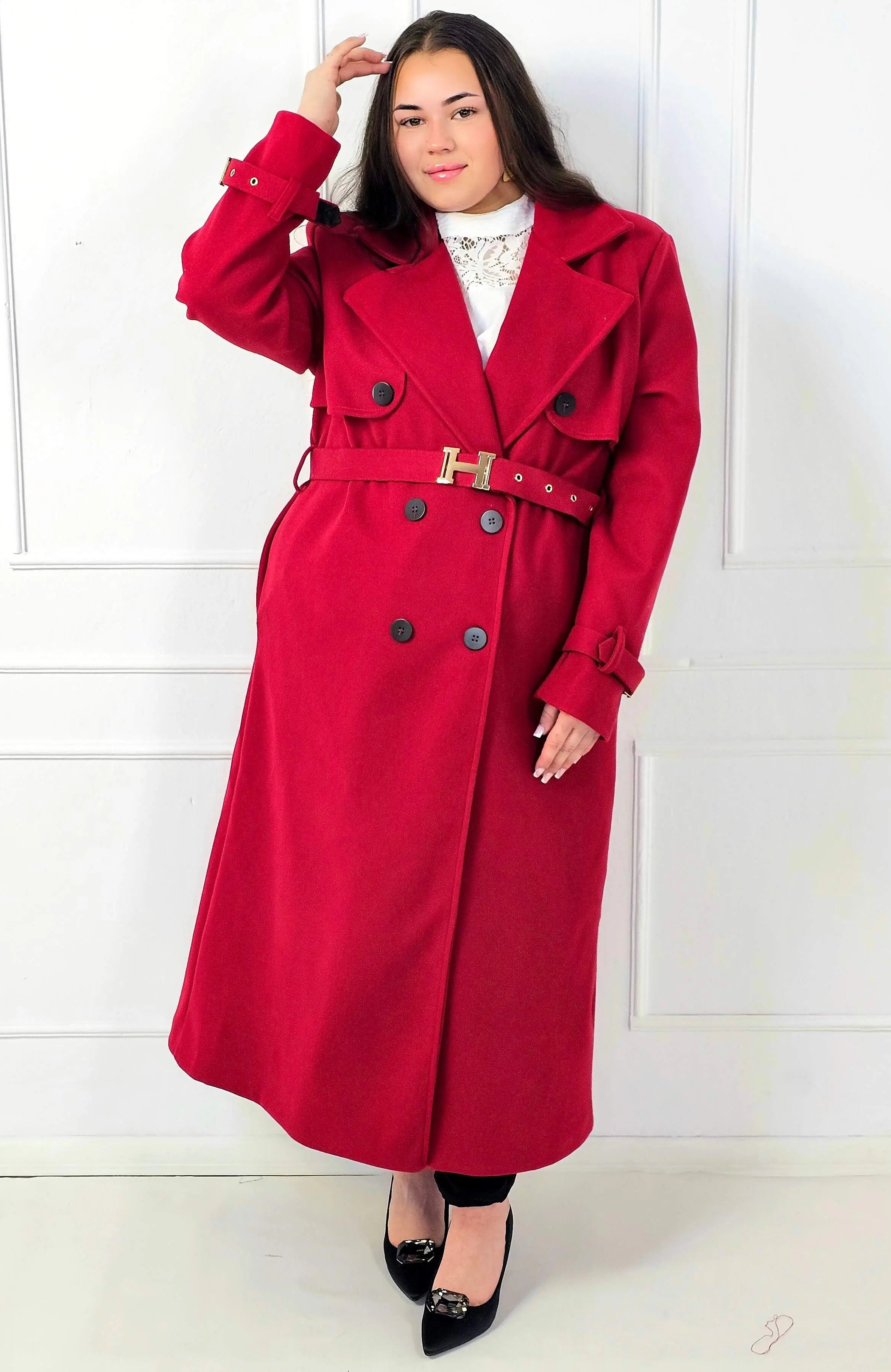 Płaszcz plus size dwurzędowy z paskiem – elegancki płaszcz XXL Stylowa XL